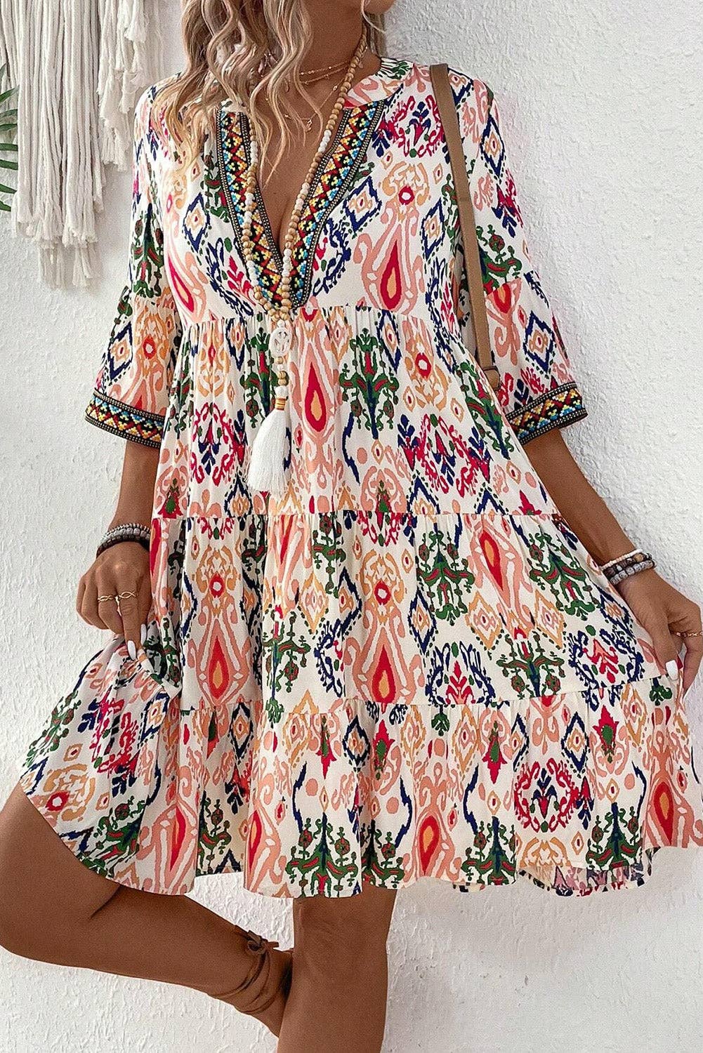 Boho V-Neck 3/4 Sleeve Mini Dress: Multicolour / L