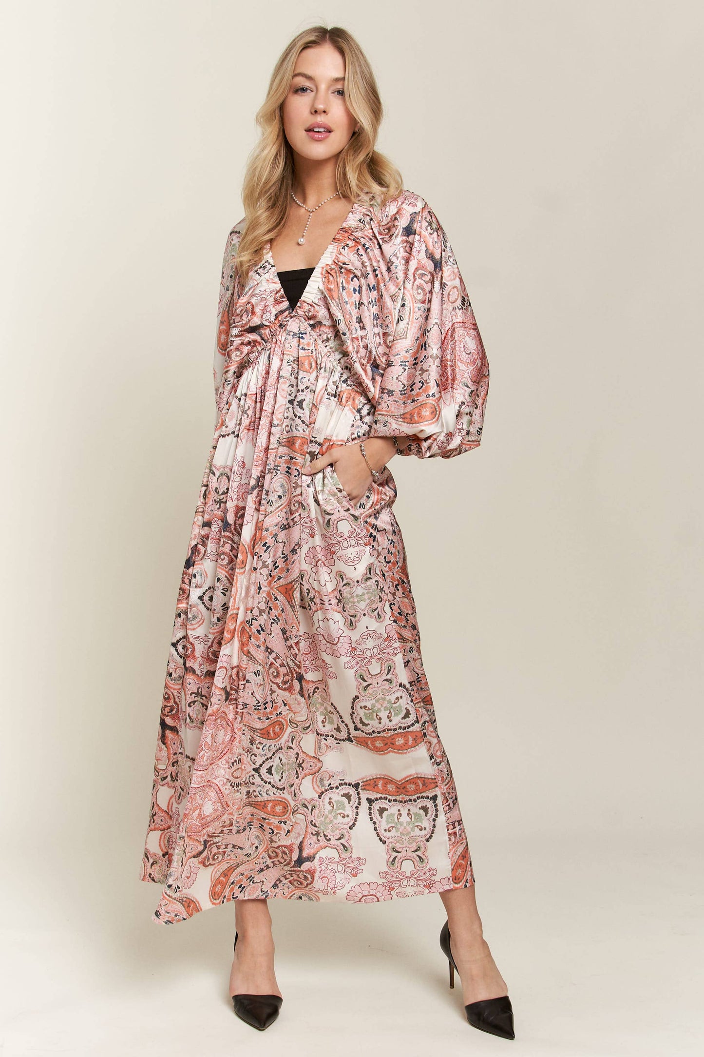 CED3540WN - BATWING SLEEVE BOHO PAISLEY DRESS: OLIVE / M