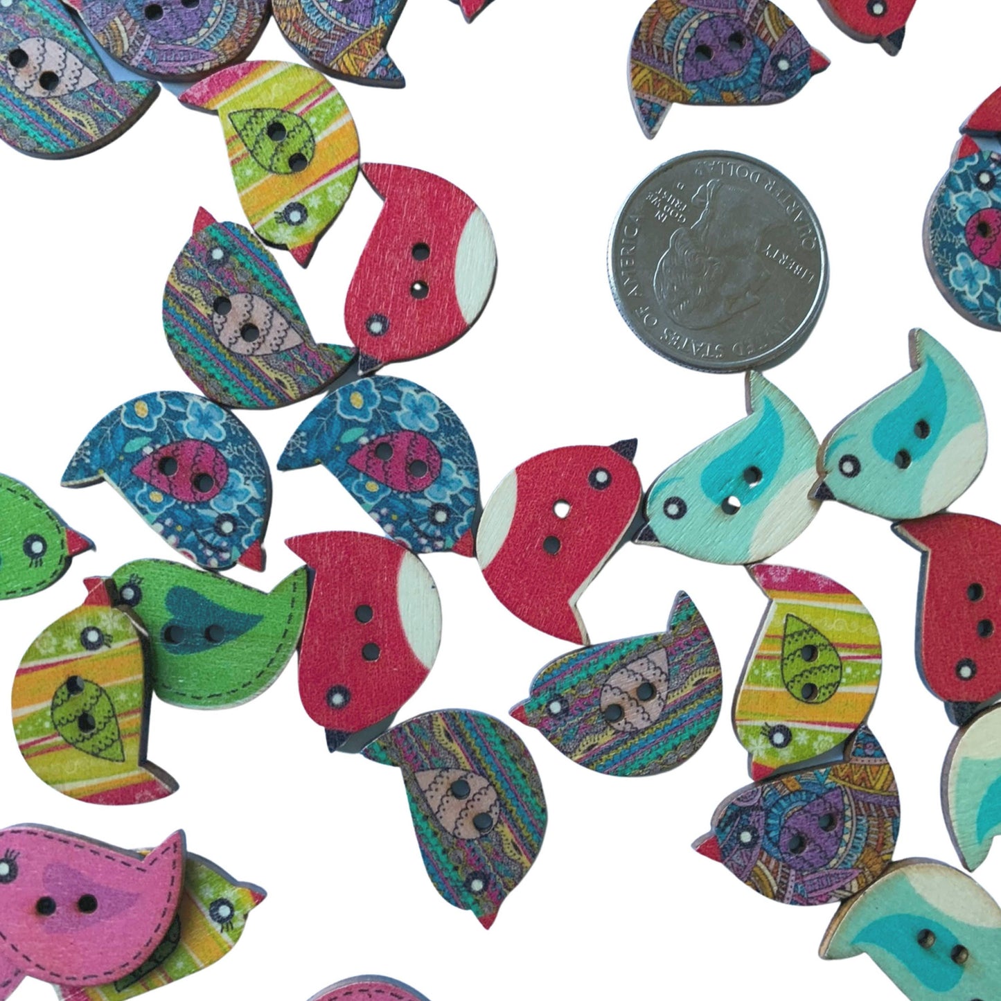 Colorful Random Mix Of Wooden Bird Buttons - Bird Buttons, W: 10 Buttons