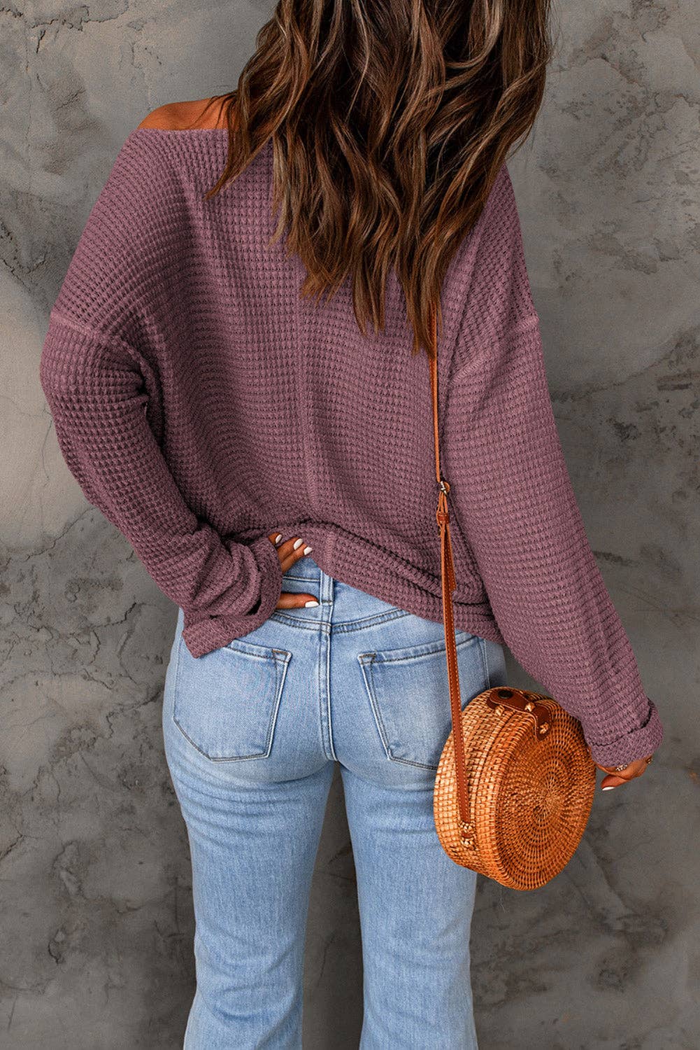 Waffle Wide Long Sleeve Top: Purple / S