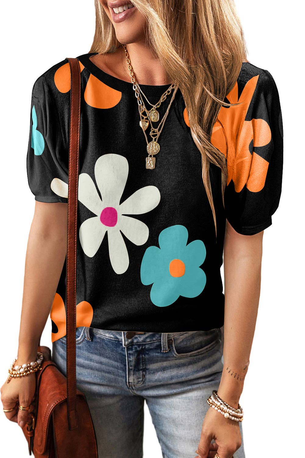 Floral Bubble Sleeve Tee: Black / L