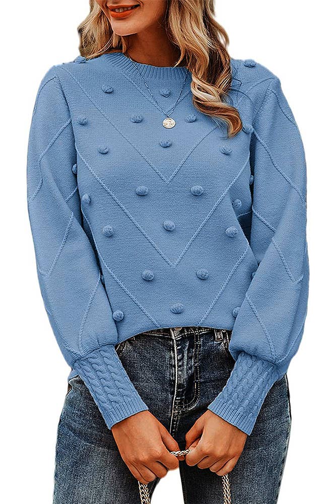 Fall Winter Blue Long Sleeves Knitting Sweater ZK2380: Blue / M