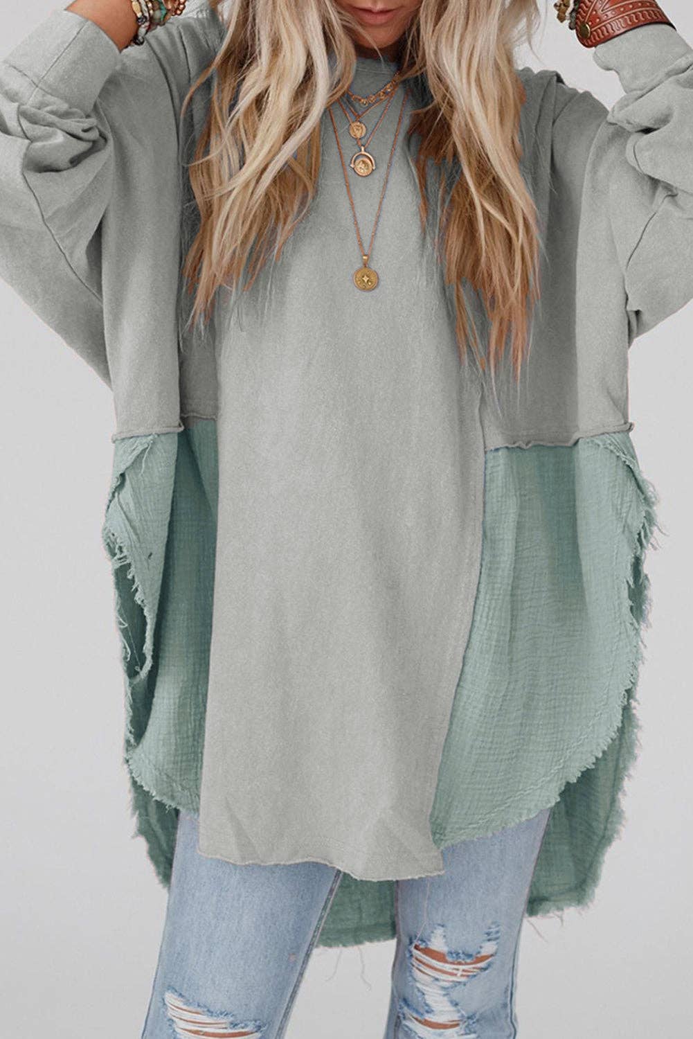 Crinkle Patchwork Raw Edge Blouse: Orange / 80%Polyester+20%Cotton / L