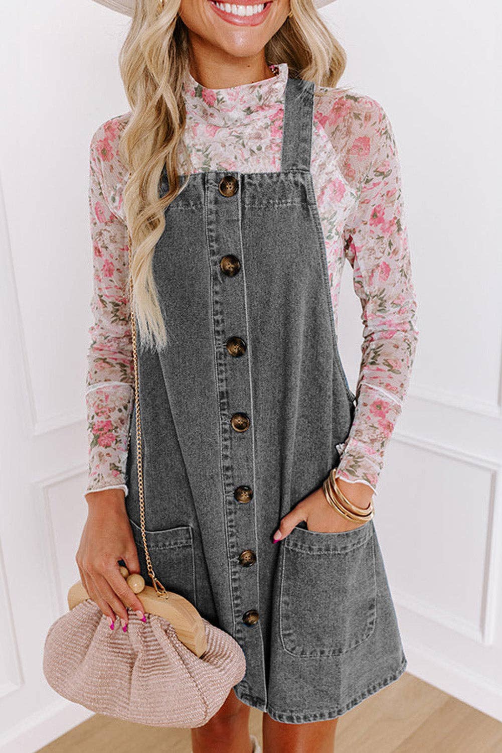 Denim Button Front Mini Dress: Medium Grey / XL