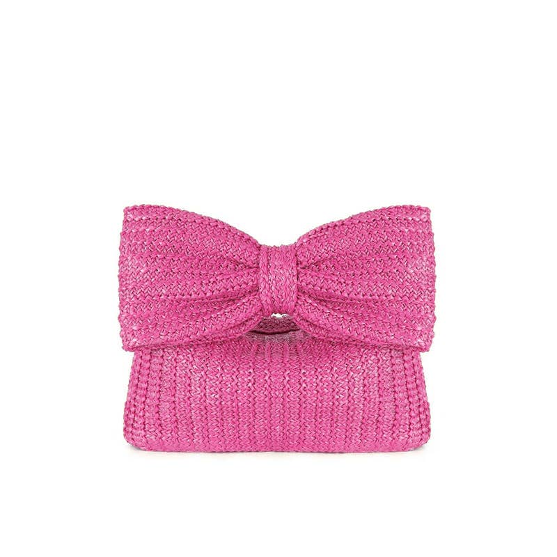 Bow straw handbag small bag clutch bag women's handbag: Hot pink