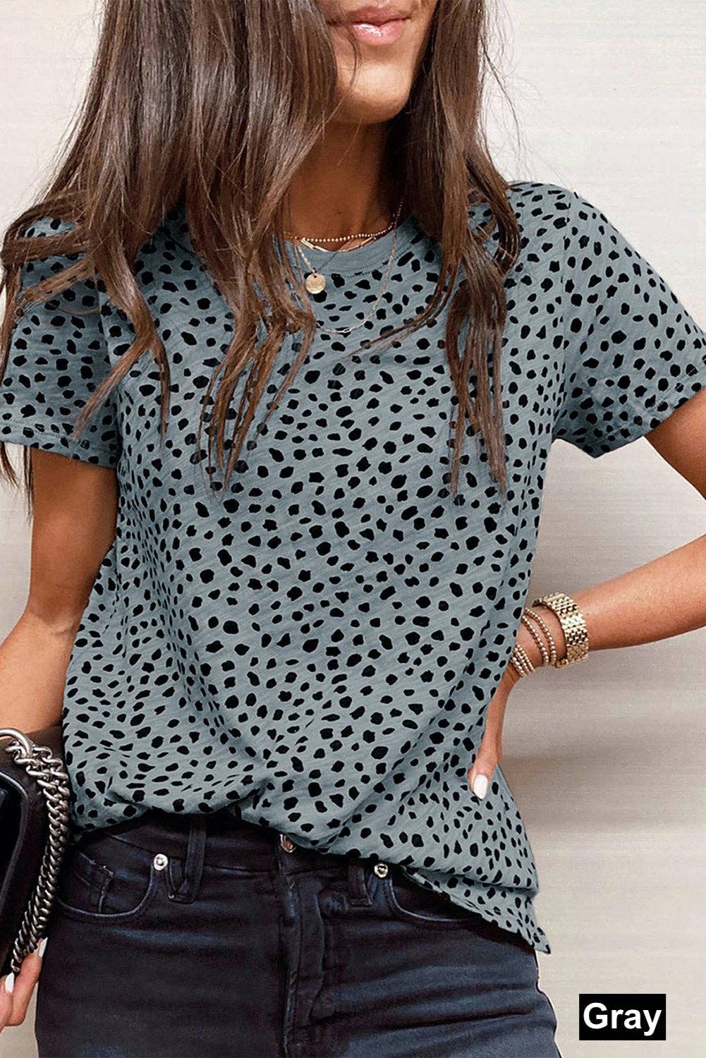 Leopard Print Short Sleeve Spotted Tee T Shirt Top: L / Apricot