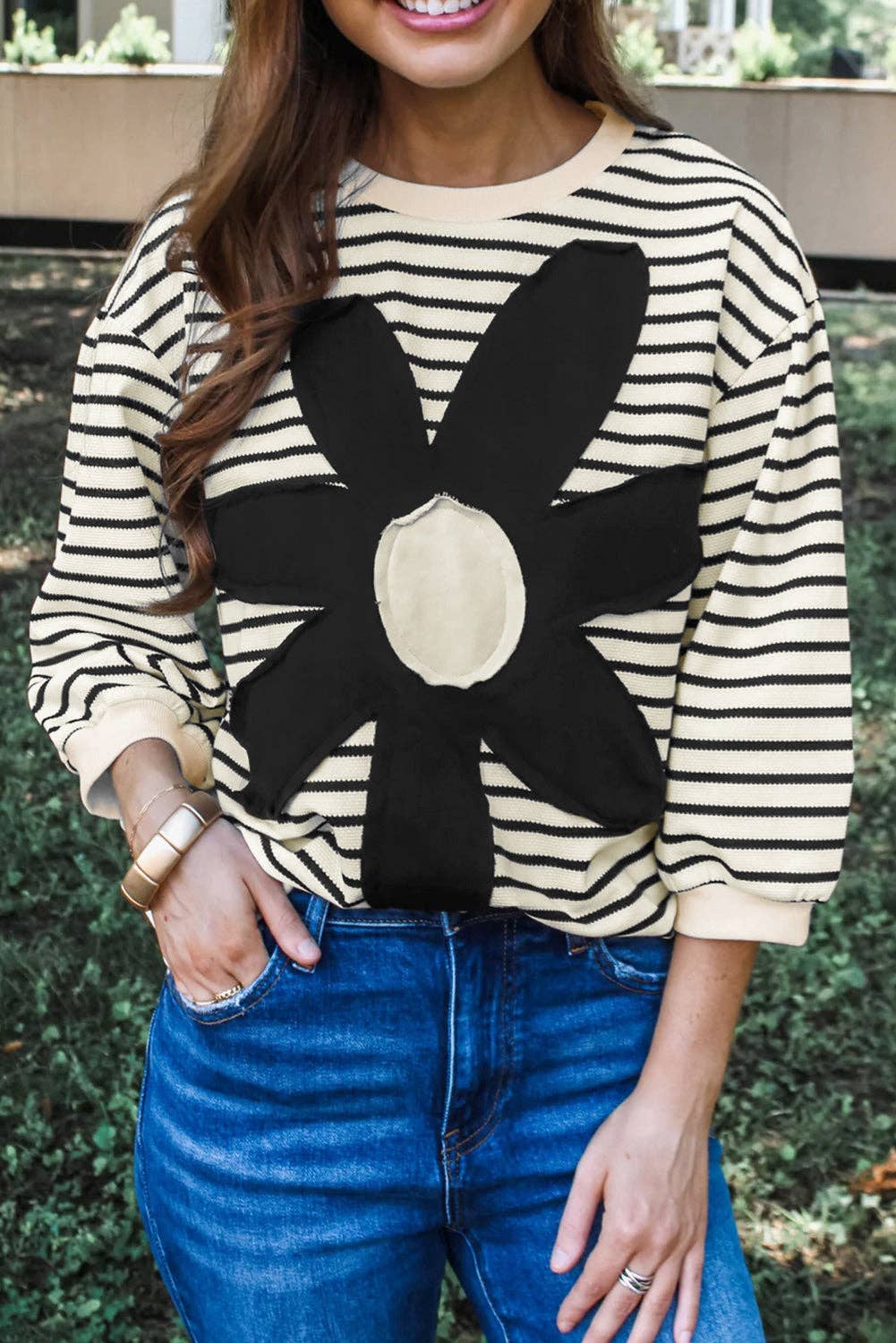 Stripe Floral Patched 3/4 Sleeve Top: Black white / S