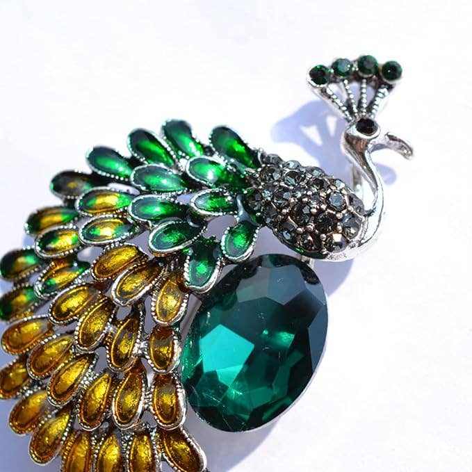 Elegant Crystal Peacock Brooch – Green & Gold Statement Pin