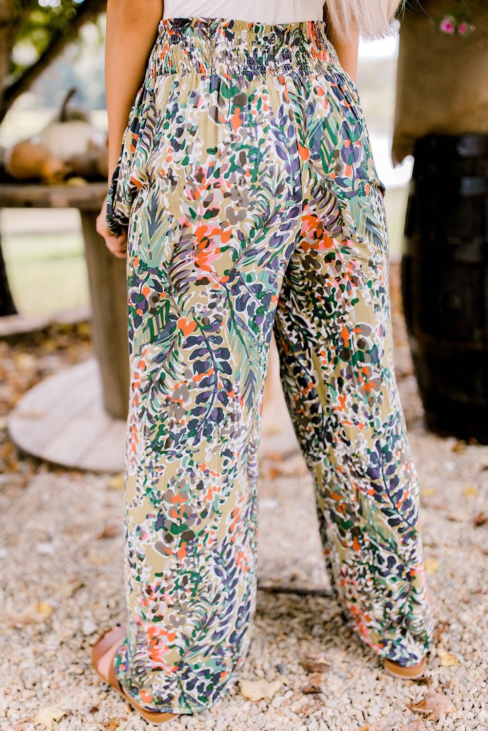 Shirred High Waist Floral Palazzo Wide Leg Pants: L