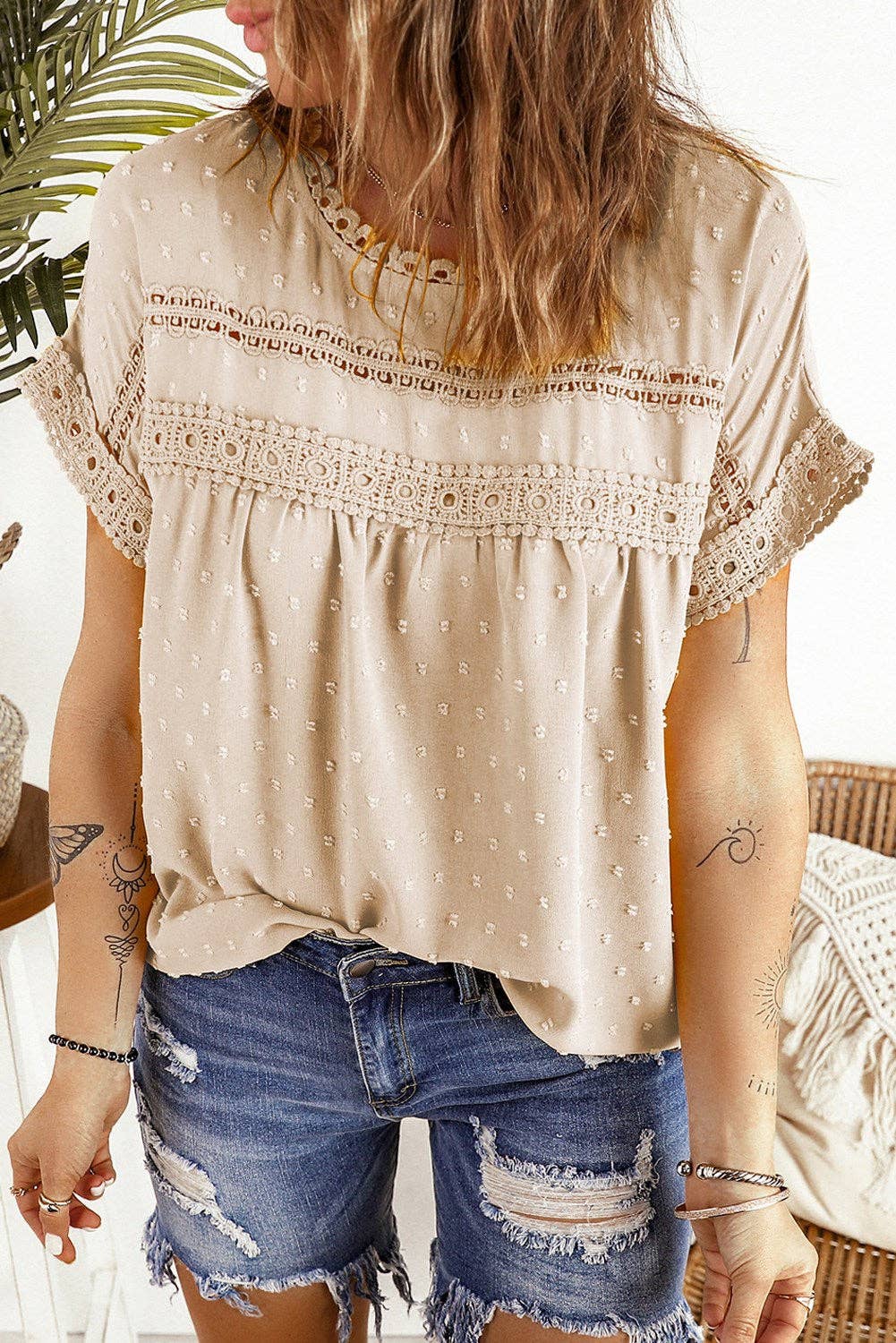 Circle Lace Dotted Top: L / Pink