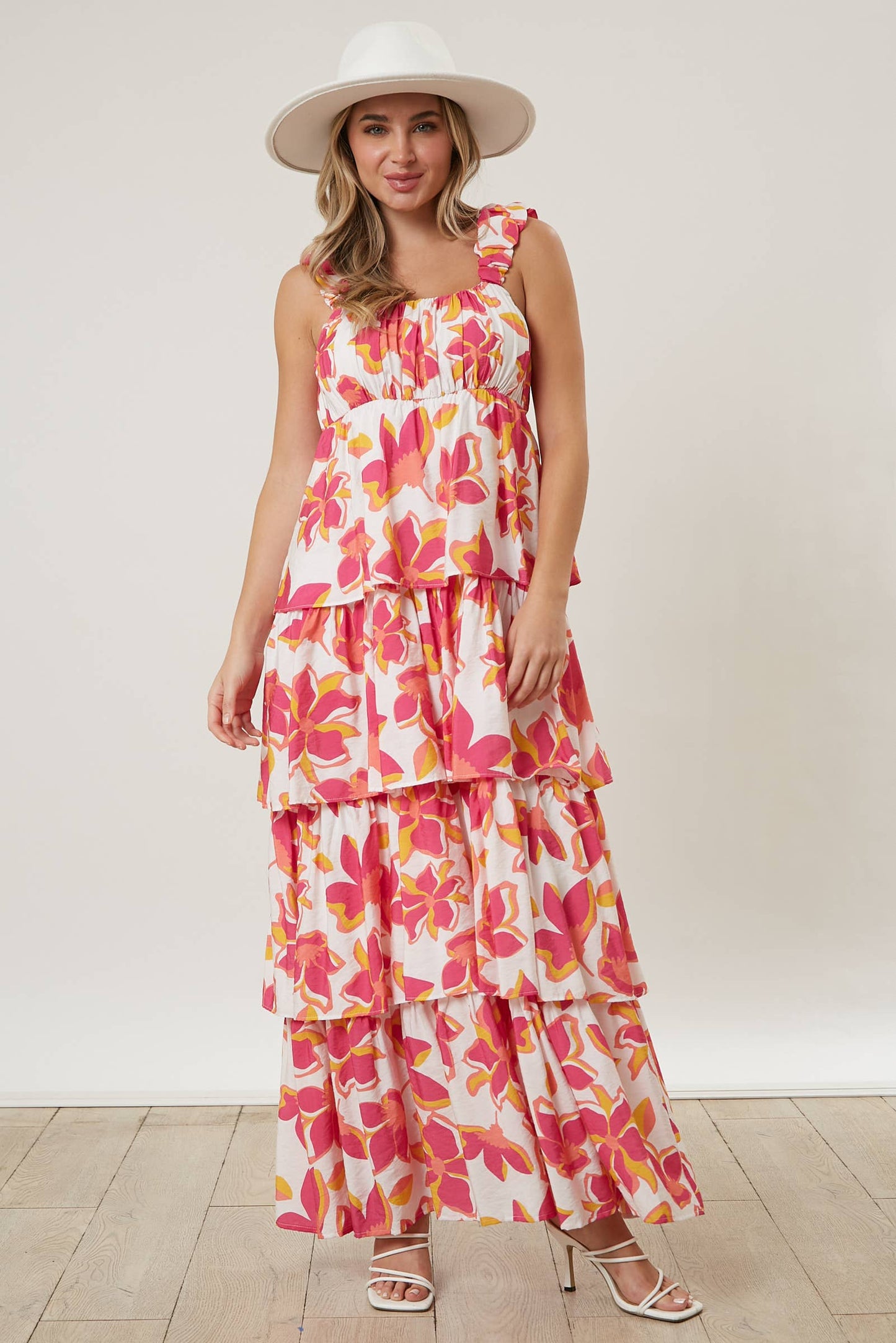 Tiered Floral Maxi Dress: WHITE/FUCHSIA / M