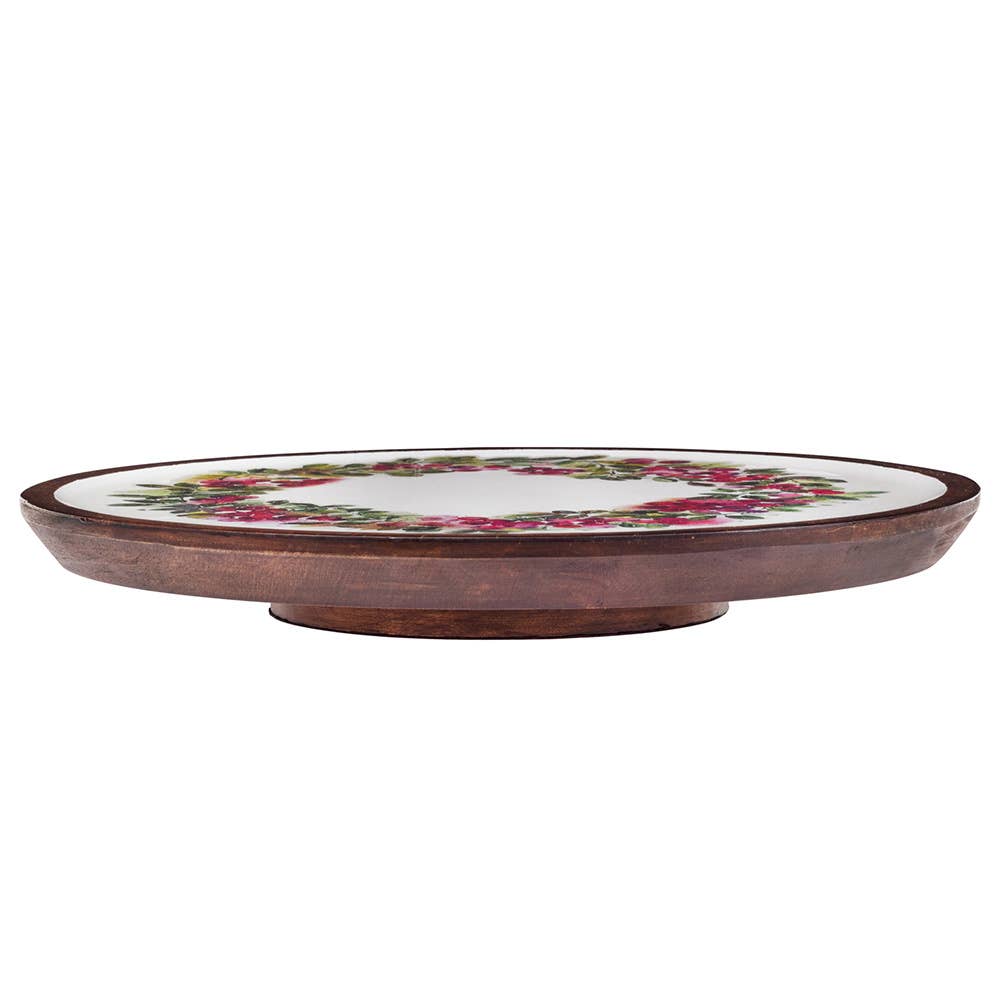 14" Cranberry Wreath Mango Wood Lazy Susan Christmas