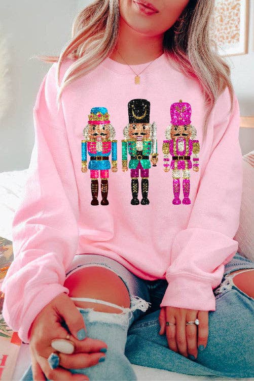 Pink Cute Nutcracker Printed Drop Shoulder Christmas Sweatshirt: Large