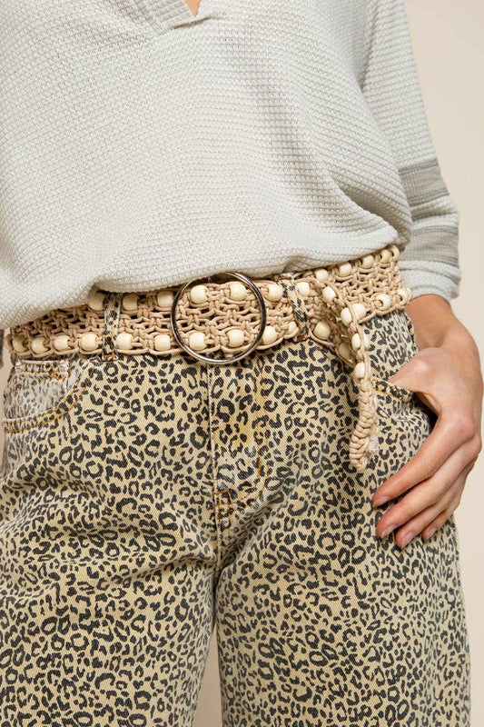 Leatherette beaded pattern detail 'O' ring adjustable belt: BEIGE / OS