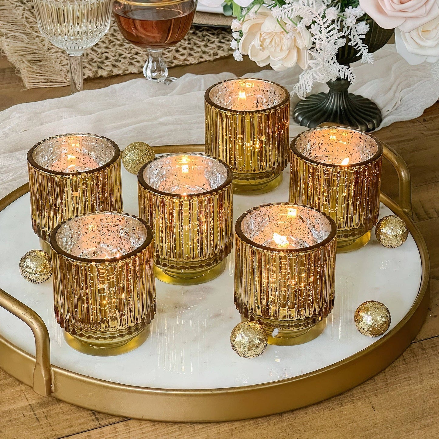 Ribbed Gold Glass Votive Candle Holder (Set of 6)