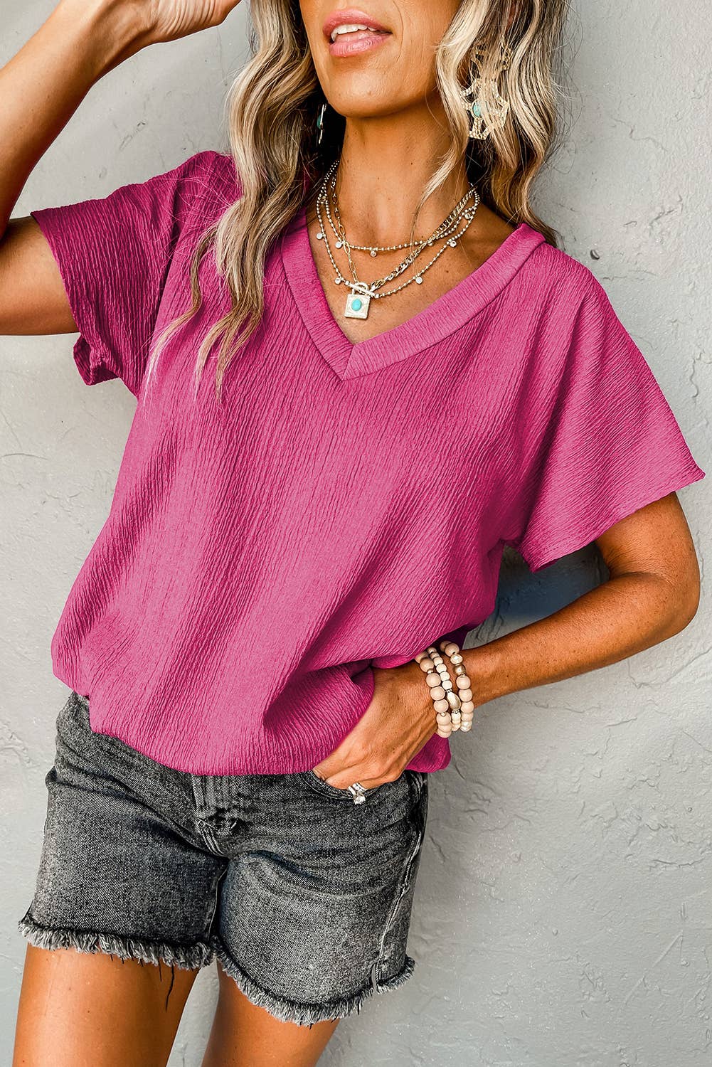 Crinkled Textured Wide Sleeve T Shirt Top: Blue / XL