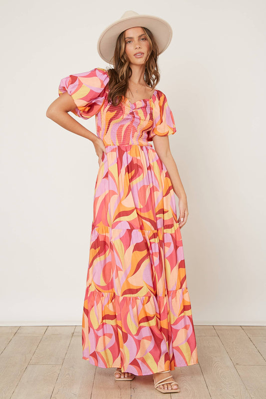 Geo Print Maxi Dress: ORANGE/RED MULTI / L