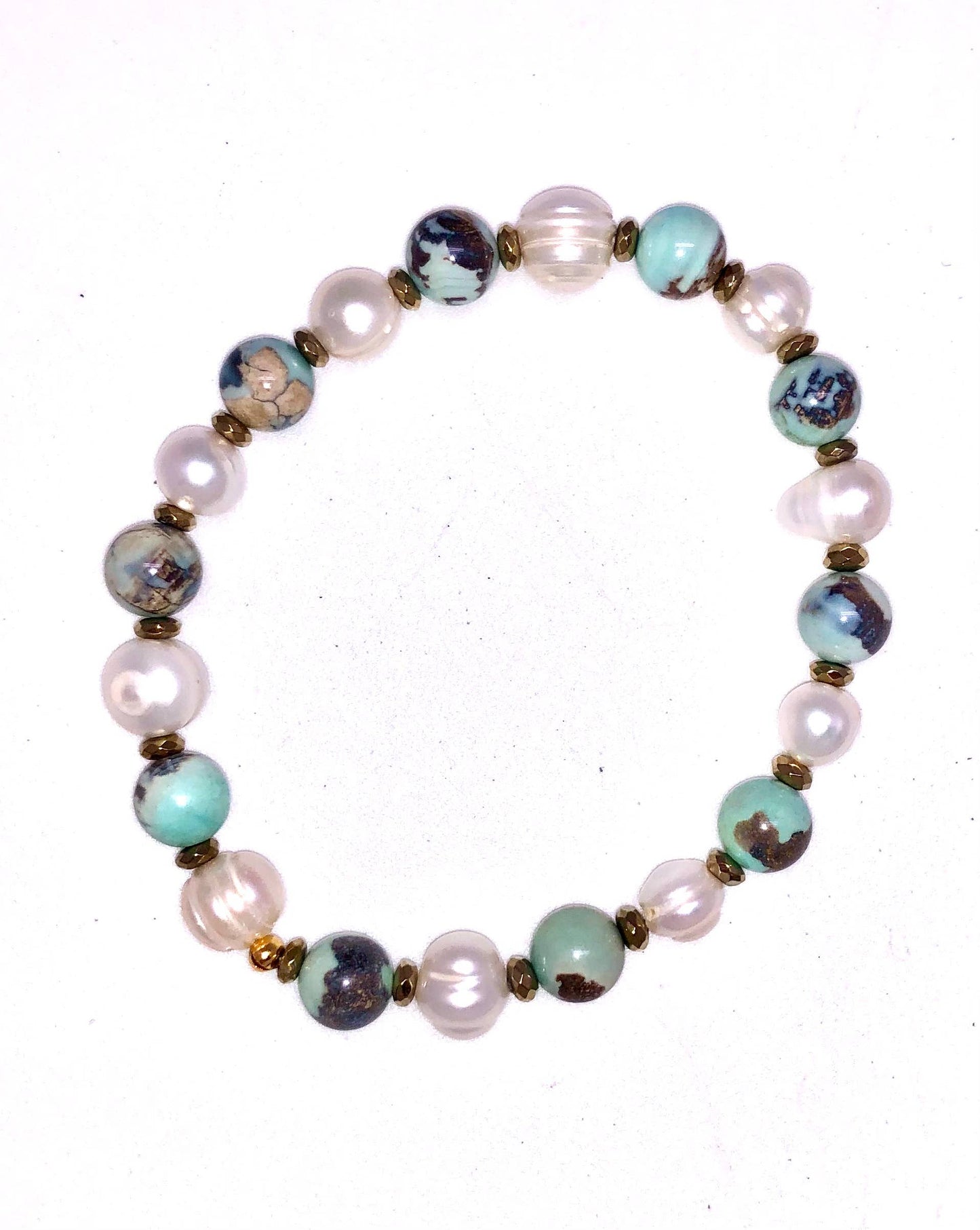 Bracelet Stretch ImperialJasper/Freshwater Pearl,Hem Spac.7”