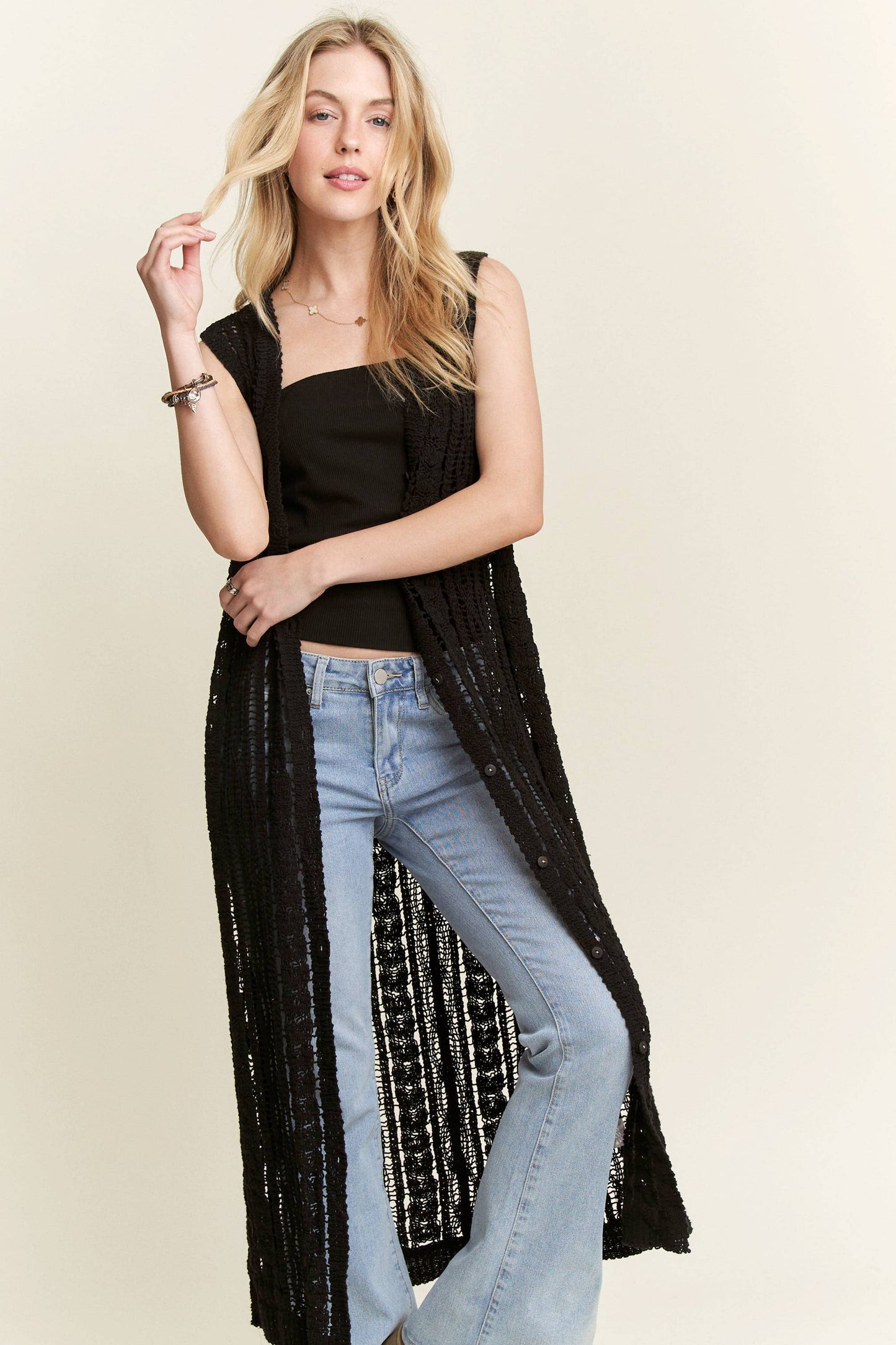 CEJ3614 - BUTTON DOWN CROCHET LONG CARDIGAN: BEIGE / S/M