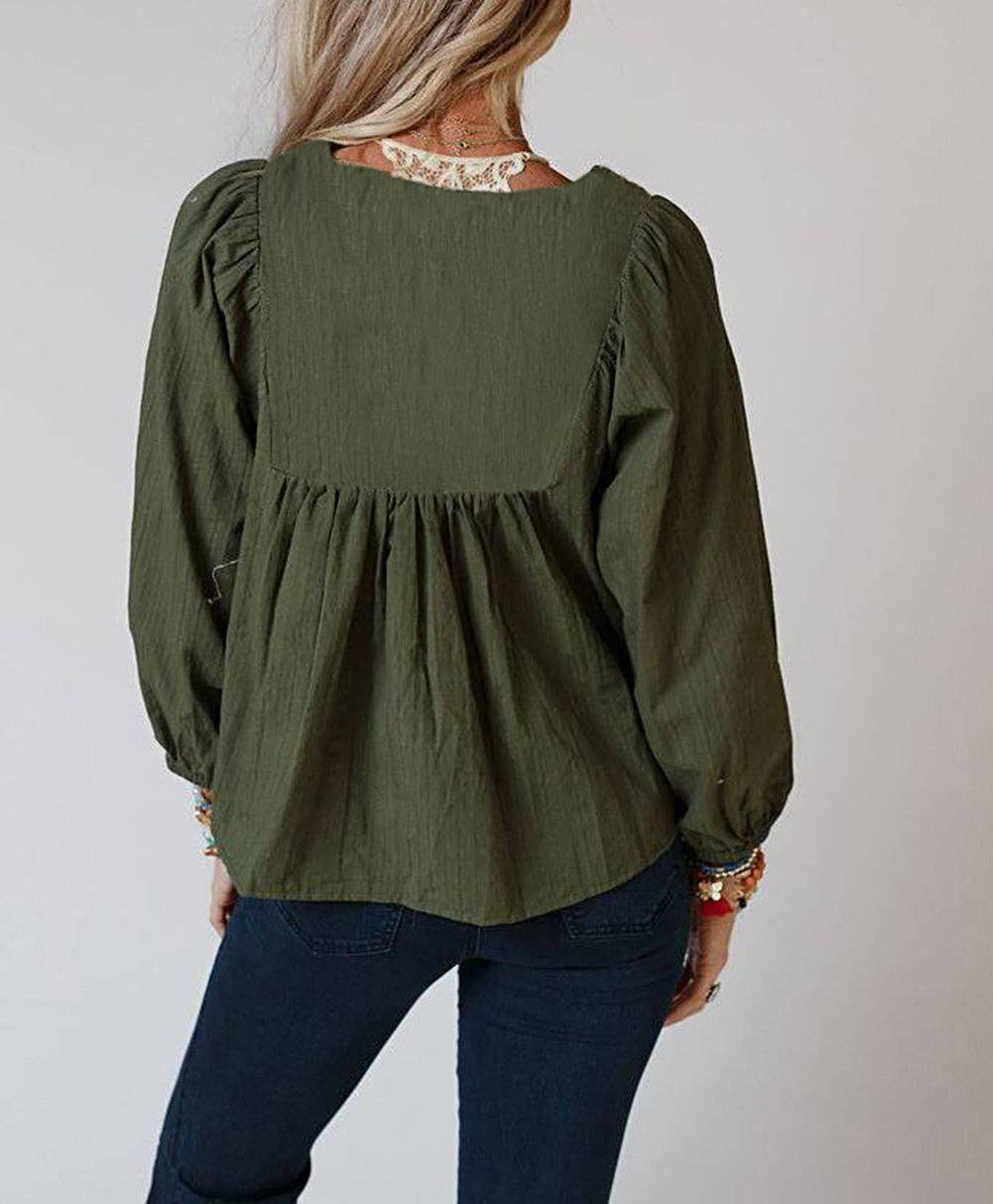 Embroidered Split Neck Pleated Loose Blouse: Green / L