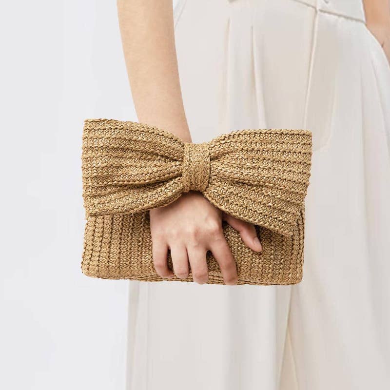 Bow straw handbag small bag clutch bag women's handbag: Mixed color