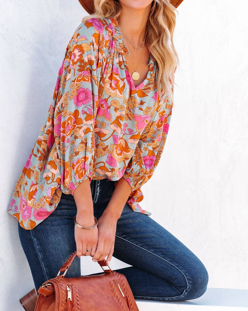 Floral Ruched Split V-Neck Blouse