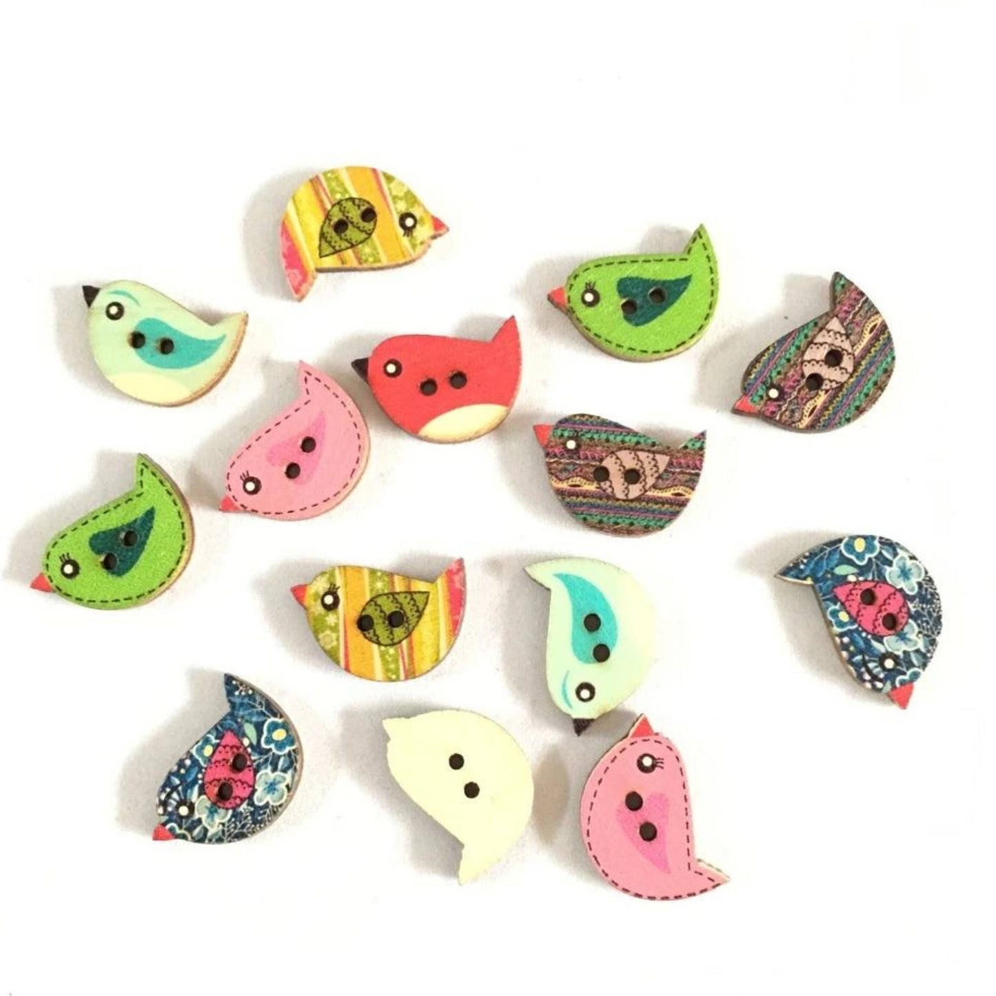 Colorful Random Mix Of Wooden Bird Buttons - Bird Buttons, W: 10 Buttons