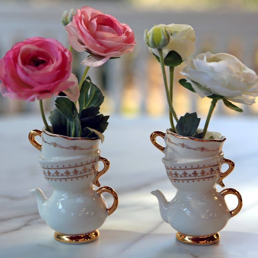 Tea Time Whimsy Ceramic Bud Vase (Set of 2)