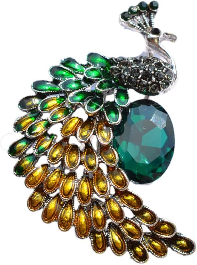 Elegant Crystal Peacock Brooch – Green & Gold Statement Pin