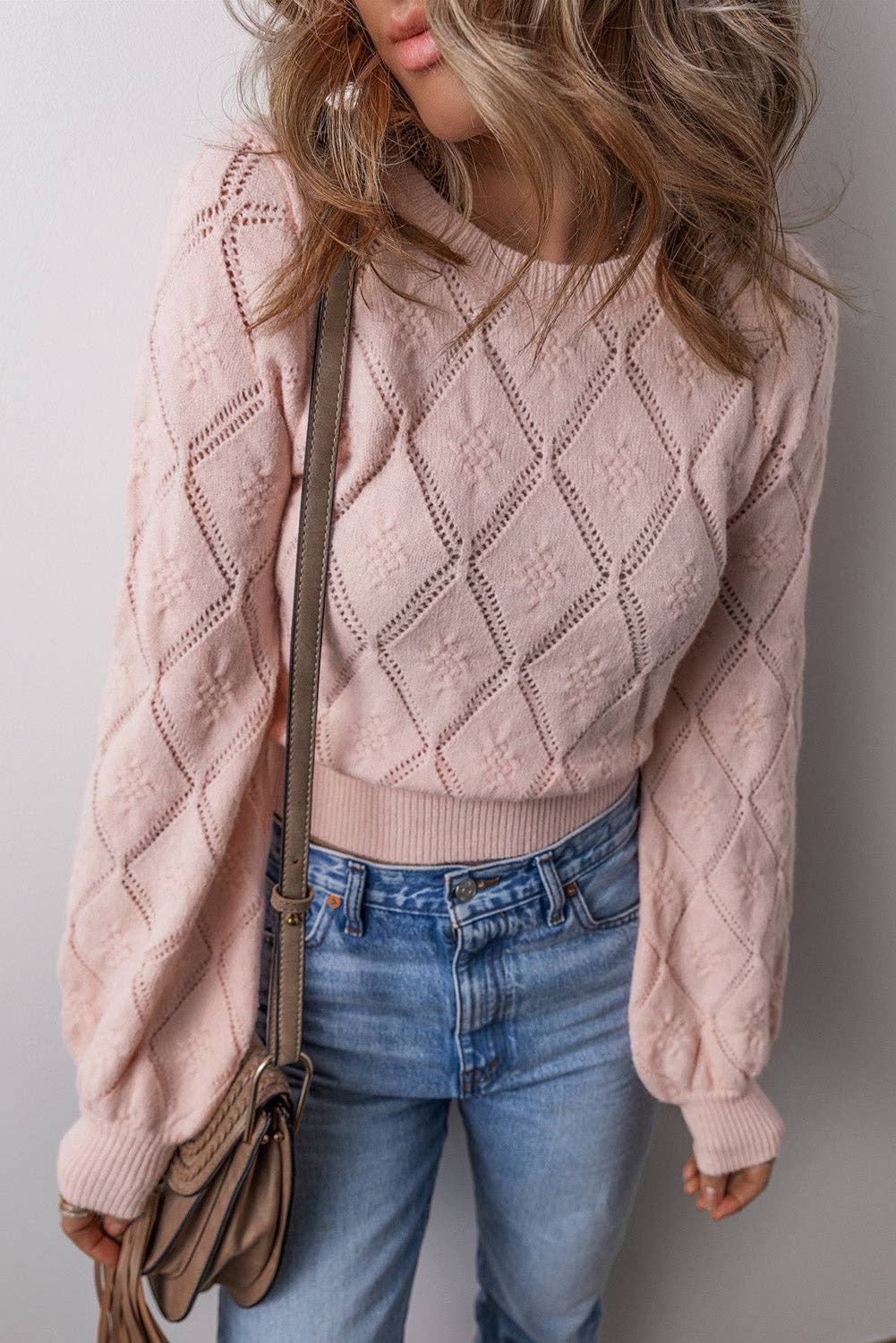 Pointelle Knit Puff Sleeve Sweater: Gossamer Pink / XL