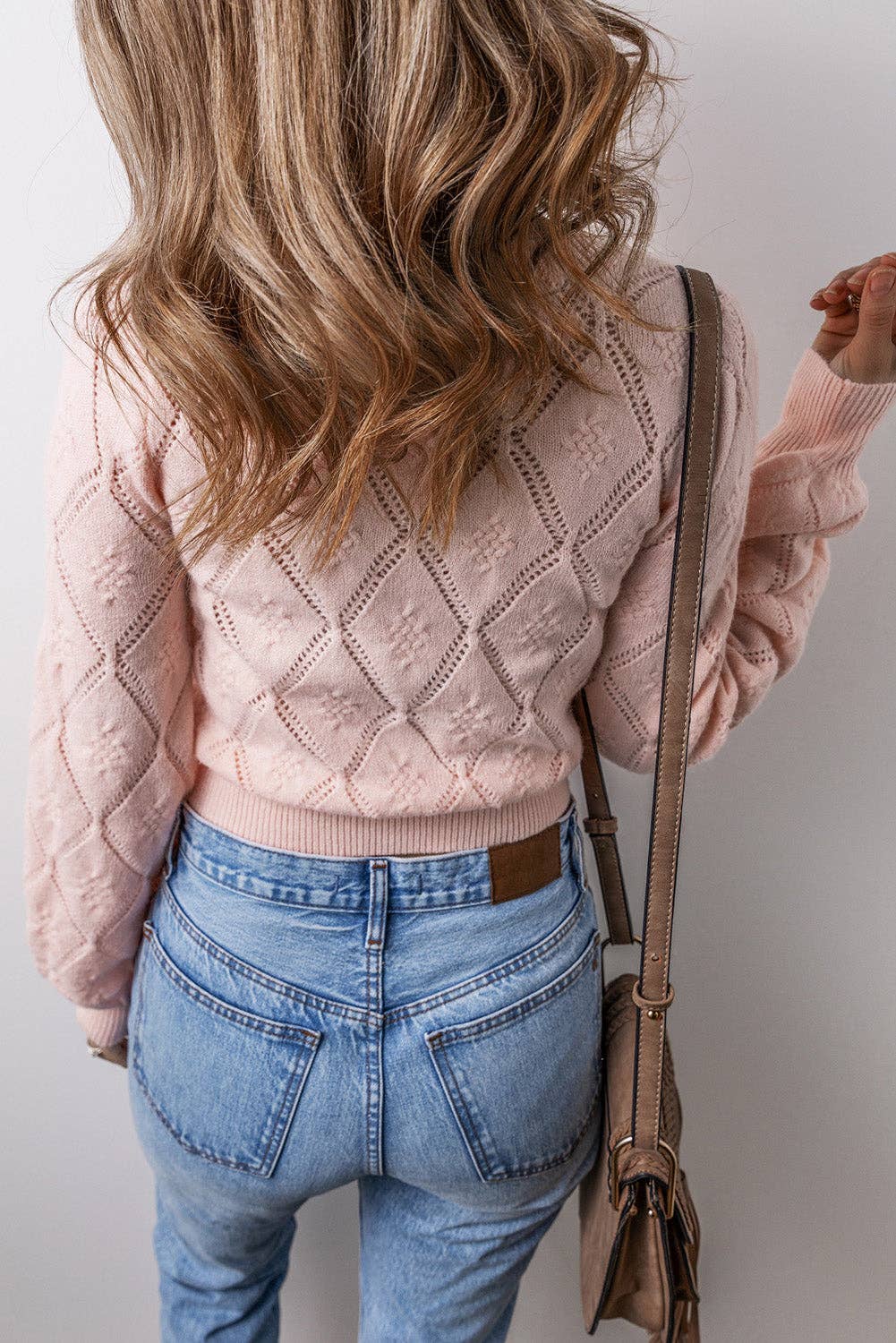 Pointelle Knit Puff Sleeve Sweater: Gossamer Pink / XL