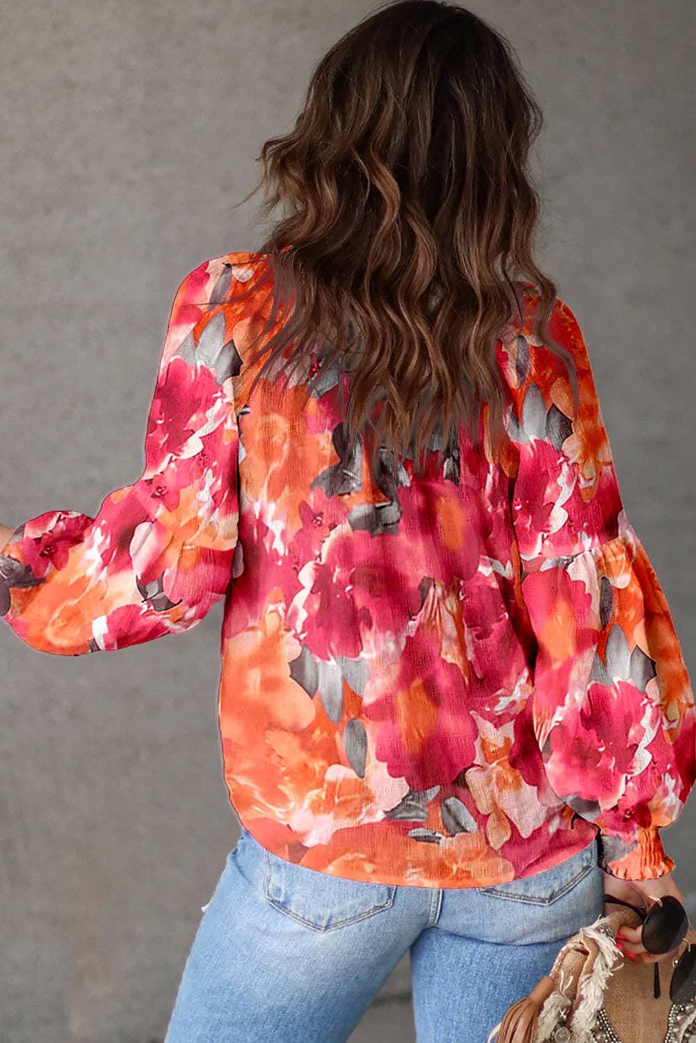 Floral Print Split Neck Tassel Tie Blouse: Red / S