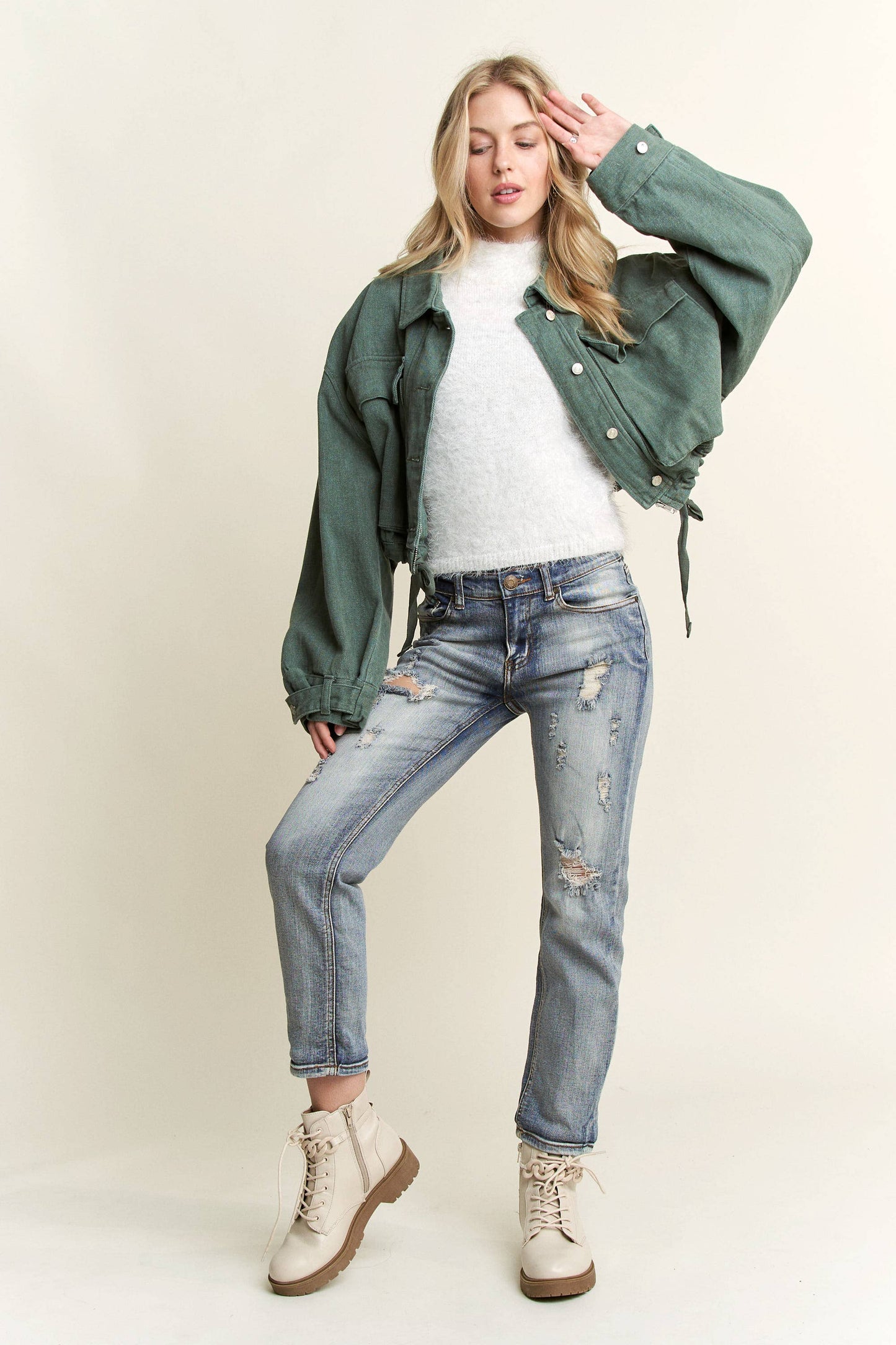 CEJ3653 - DRAWSTRING WAIST WASHED DENIM JACKET: FOREST GREEN / M