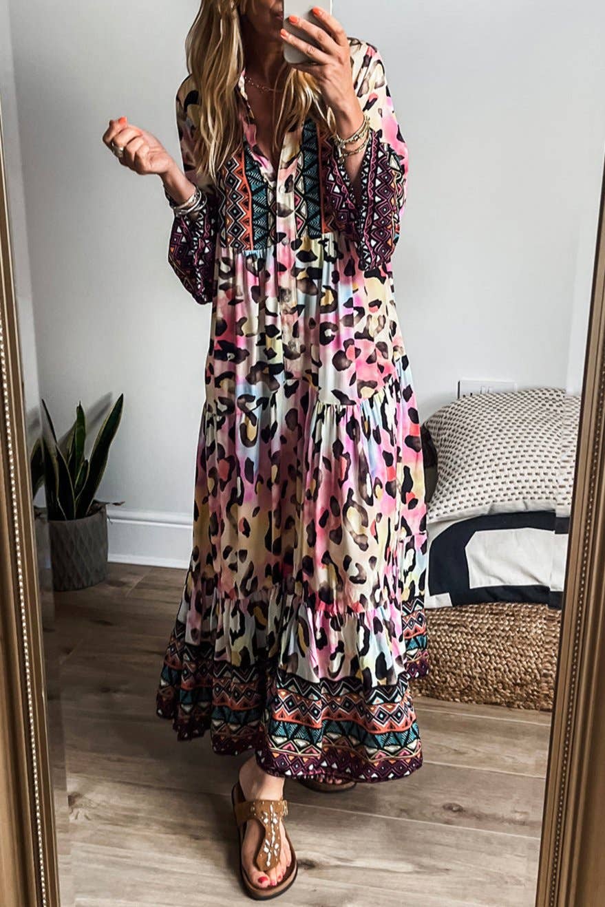 Leopard 3/4 Sleeve Tiered Maxi Dress: Pink / L