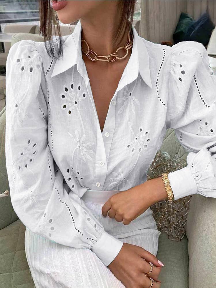 Eyelet Puff Long Sleeves V-neck Shirt DY248: White / S