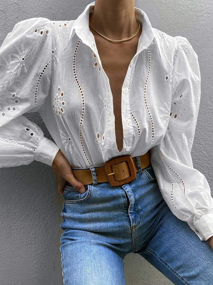 Eyelet Puff Long Sleeves V-neck Shirt DY248: White / L