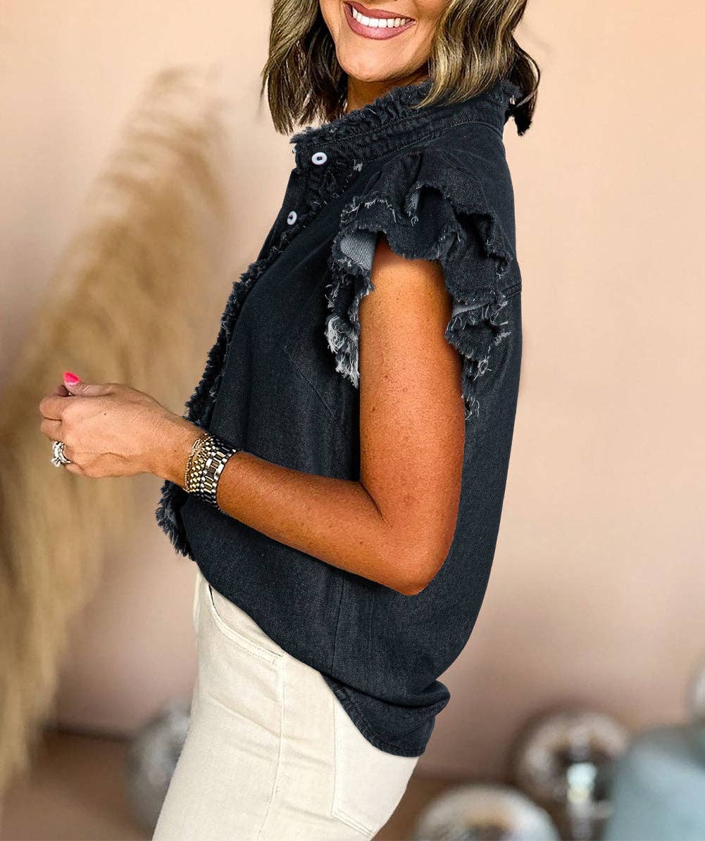 Button Front Ruffled Flutter Frayed Denim Top: Black / L