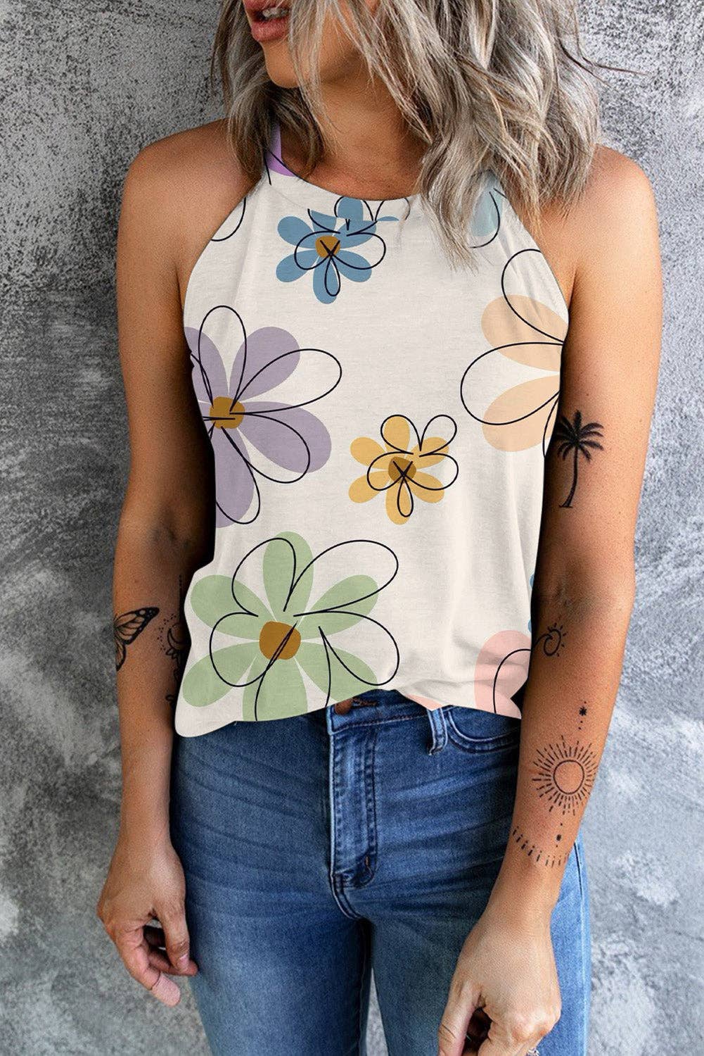 Floral Round Neck Tank Top: Beige / L