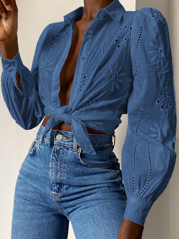 Eyelet Puff Long Sleeves V-neck Shirt DY248: Blue / M