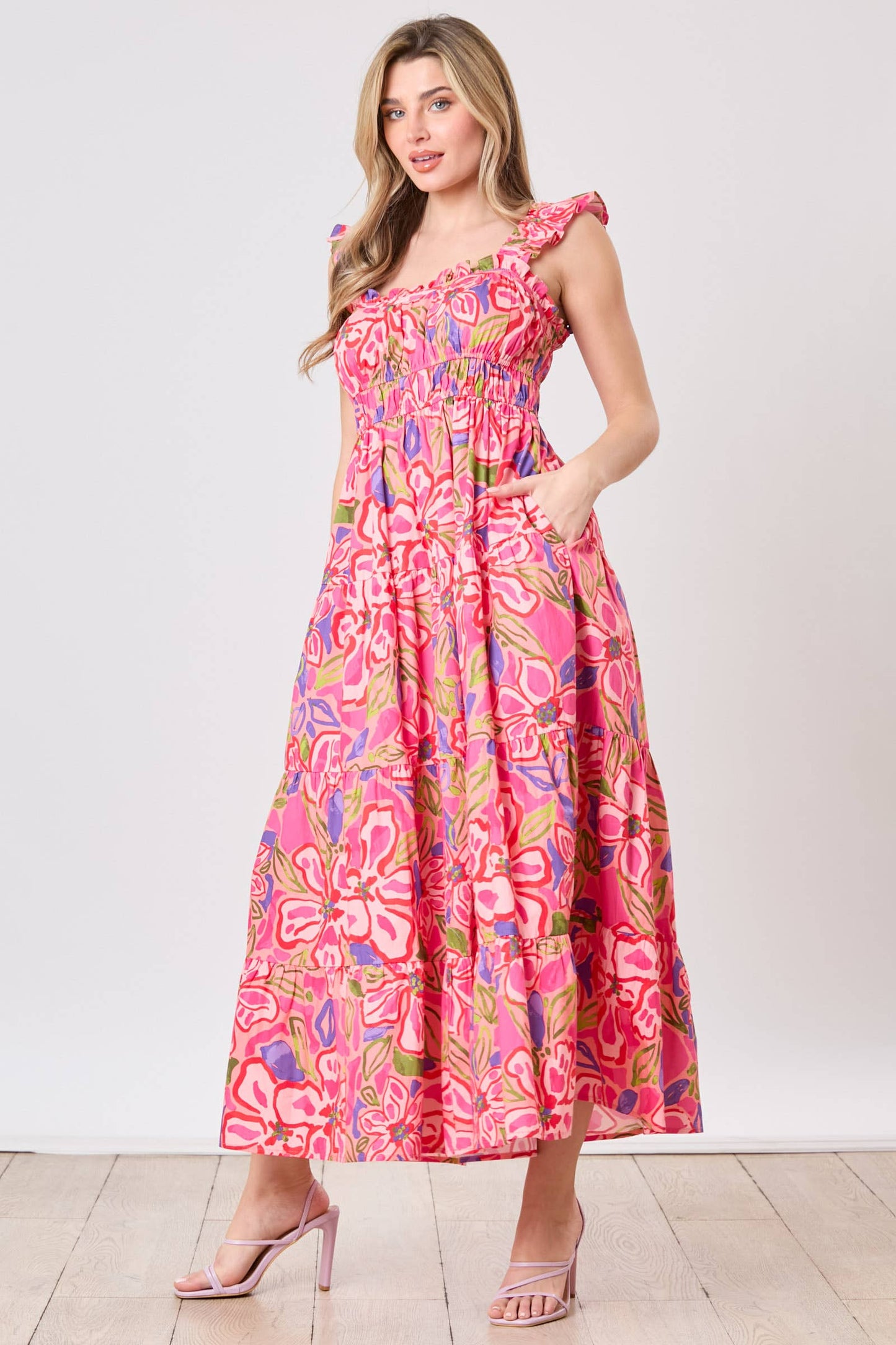 Floral Prints Pleated Detail Midi Dress: L / CORAL/PINK MULTI