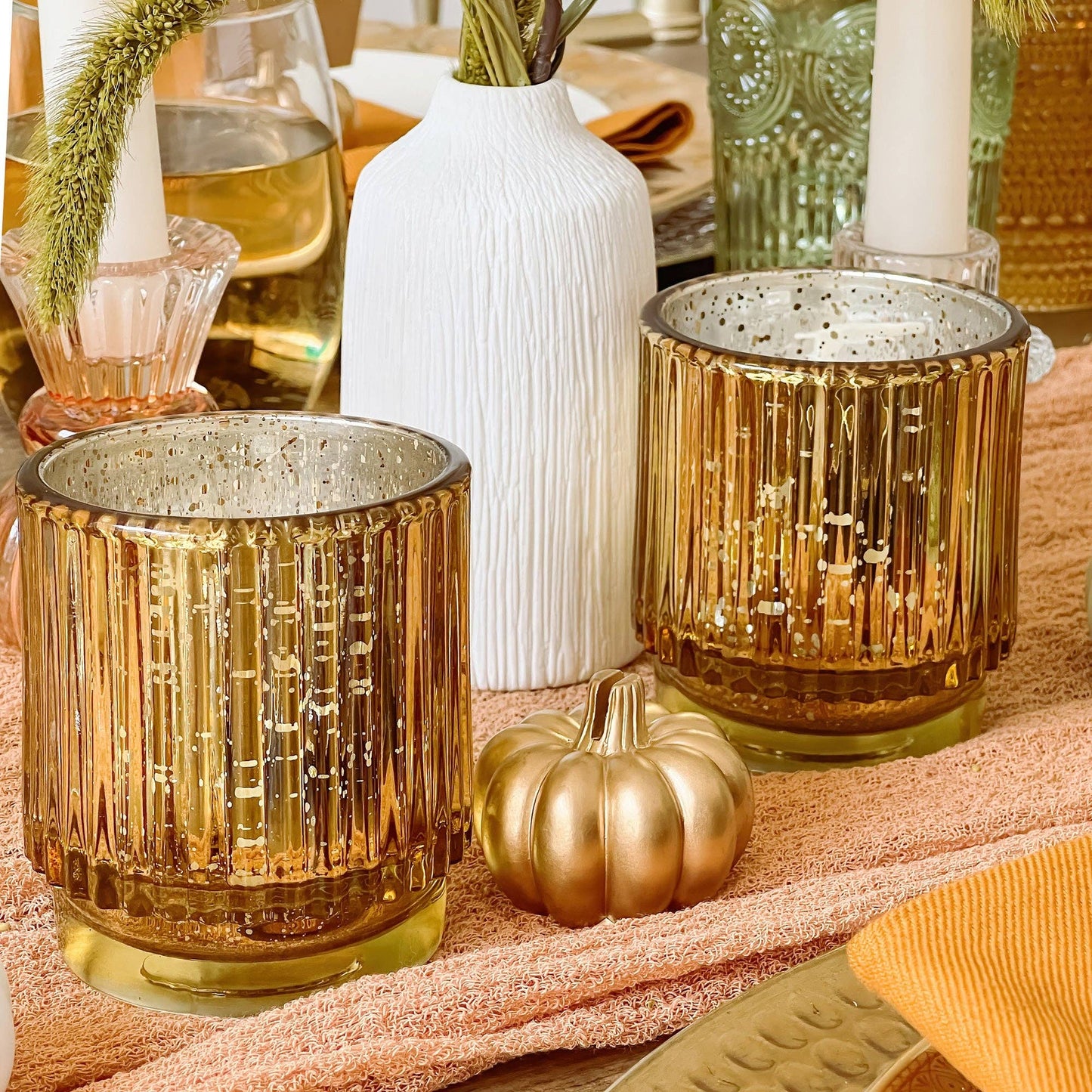 Ribbed Gold Glass Votive Candle Holder (Set of 6)