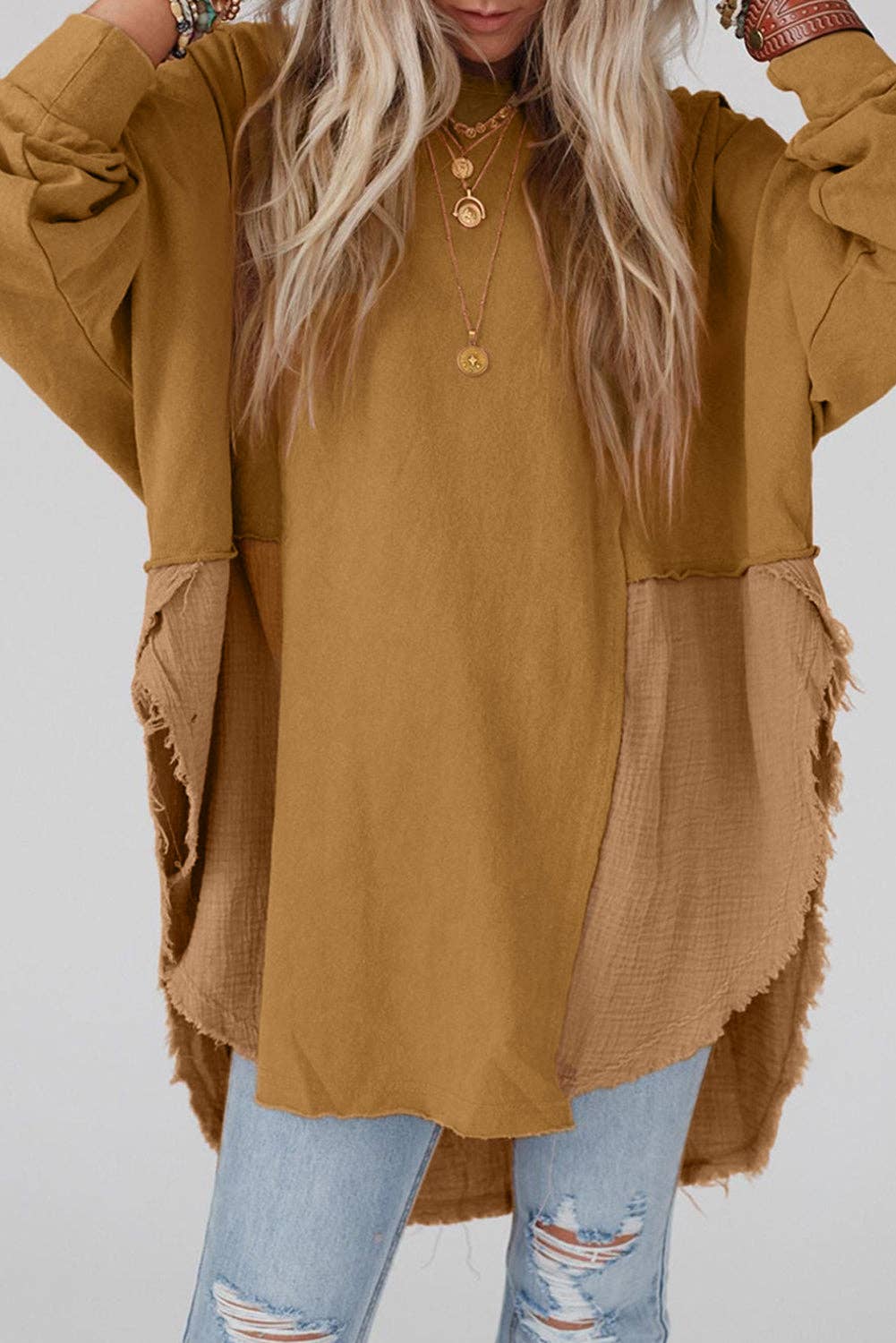 Crinkle Patchwork Raw Edge Blouse: Orange / 80%Polyester+20%Cotton / L