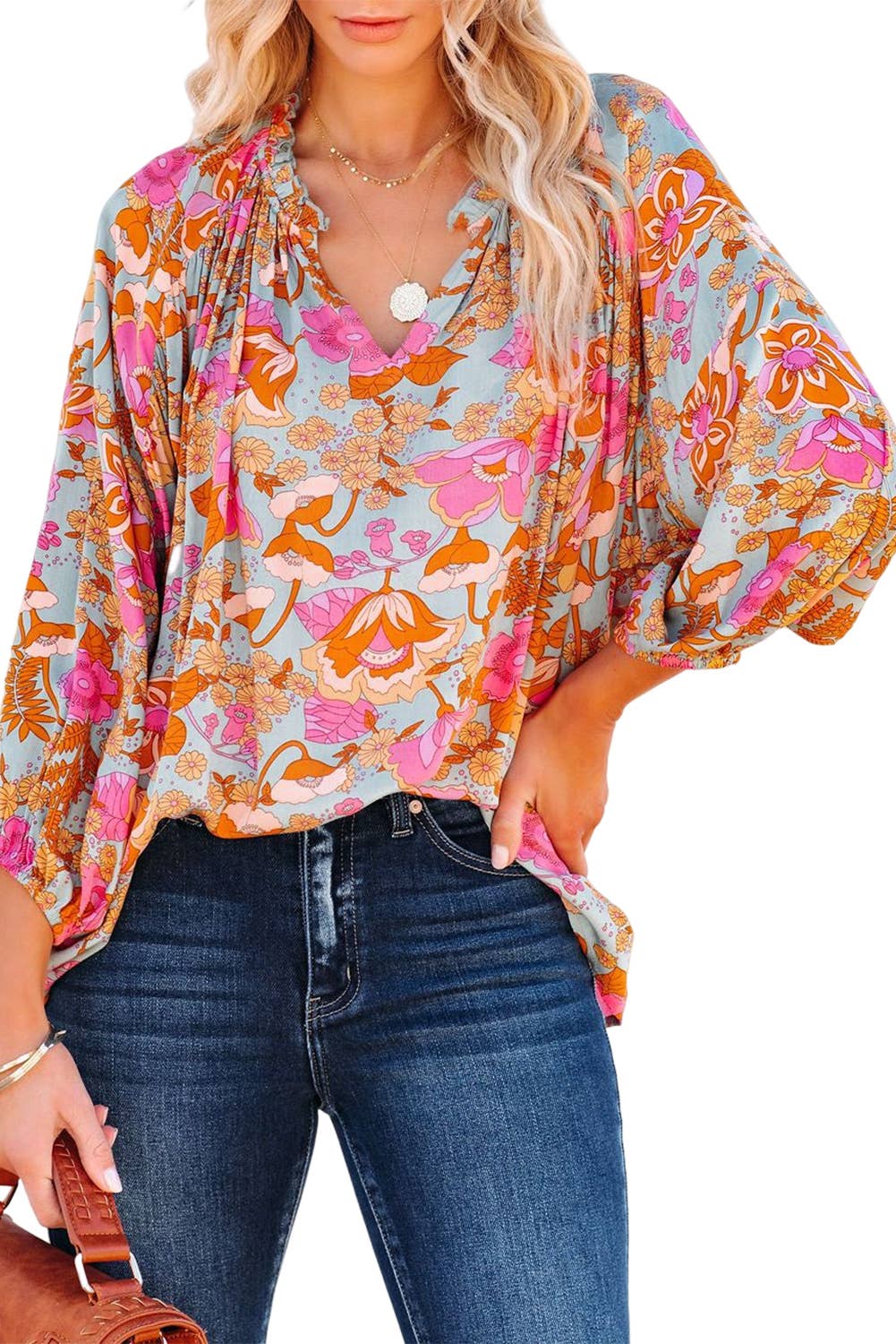 Floral Ruched Split V-Neck Blouse