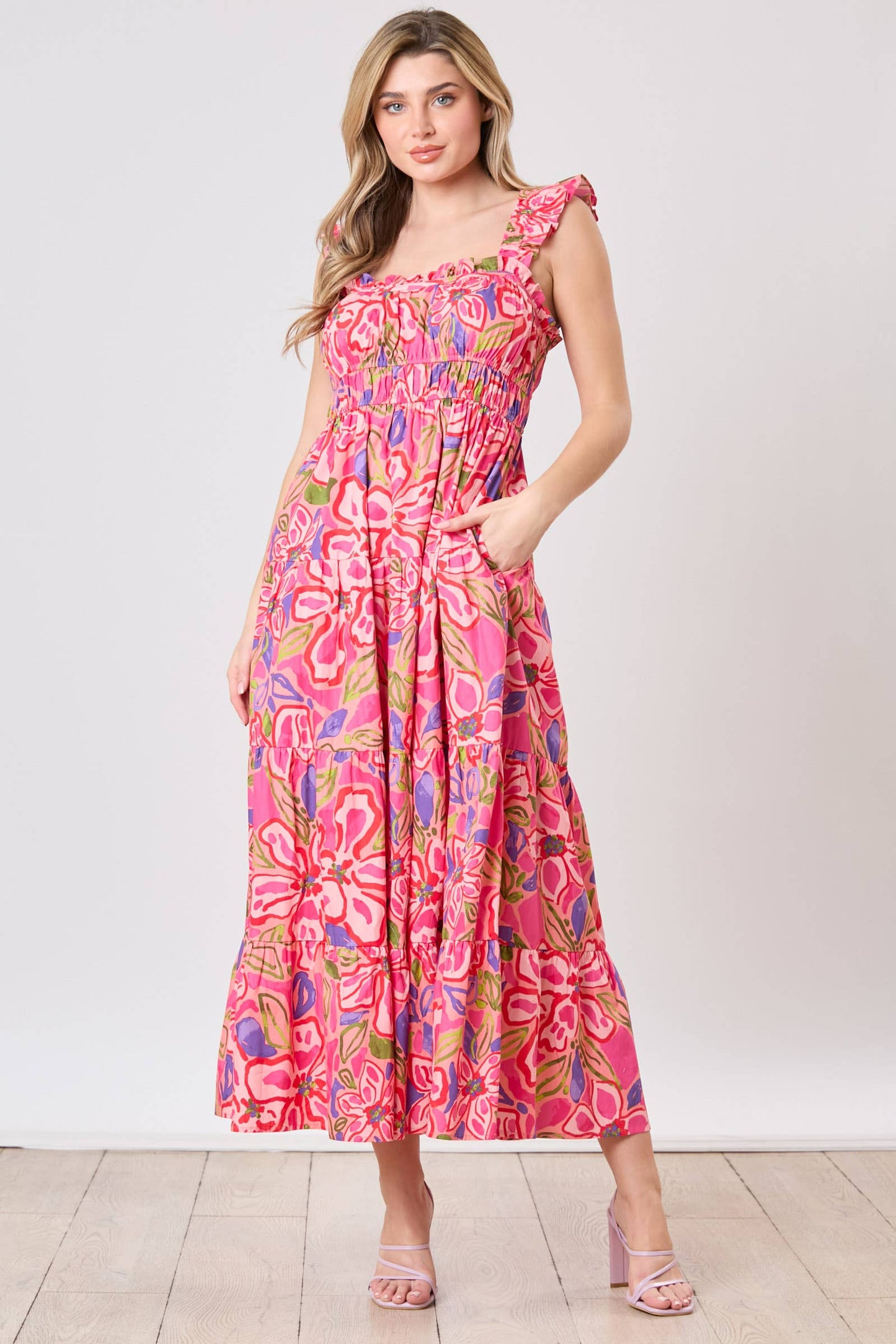 Floral Prints Pleated Detail Midi Dress: L / CORAL/PINK MULTI