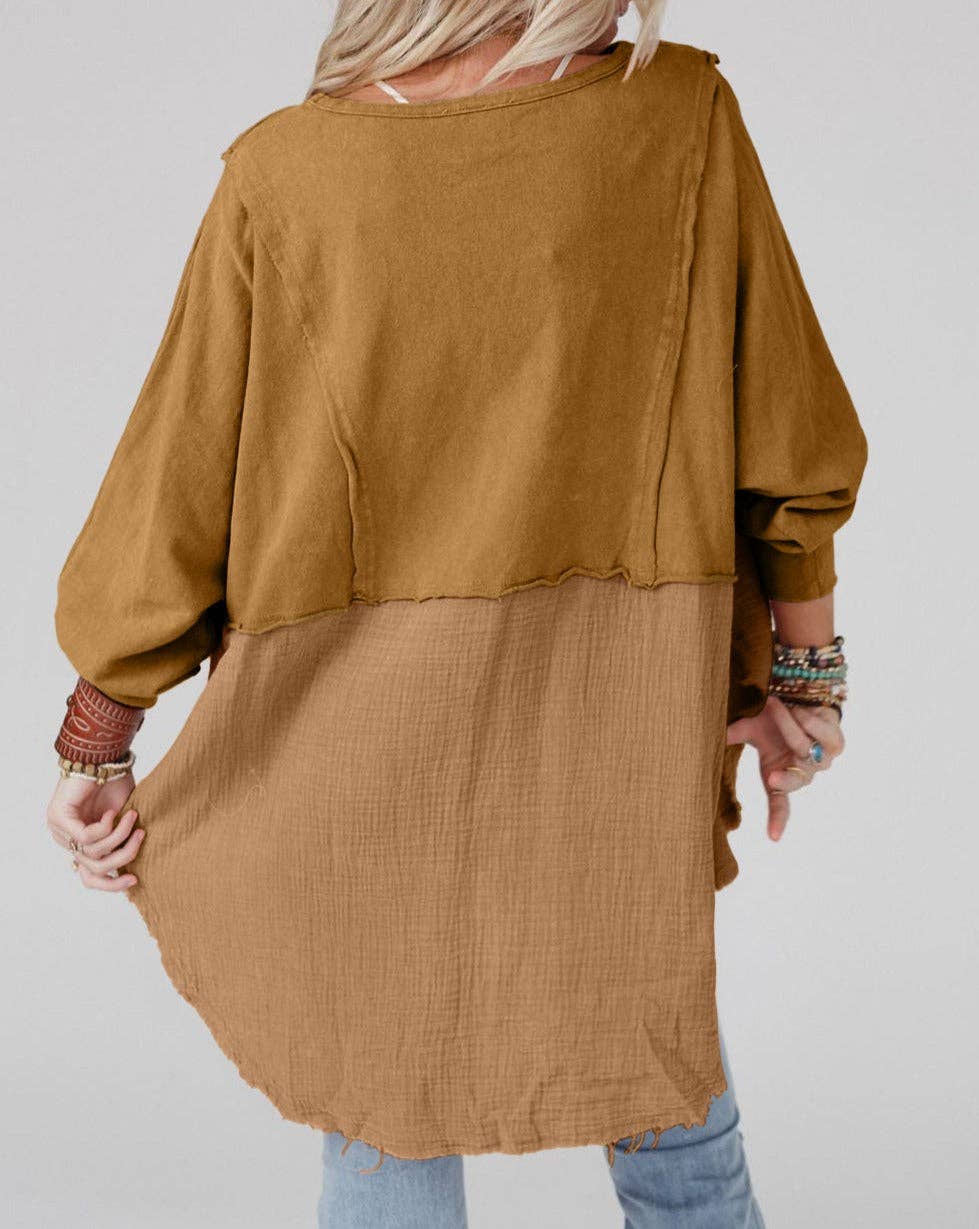 Crinkle Patchwork Raw Edge Blouse: Orange / 80%Polyester+20%Cotton / L