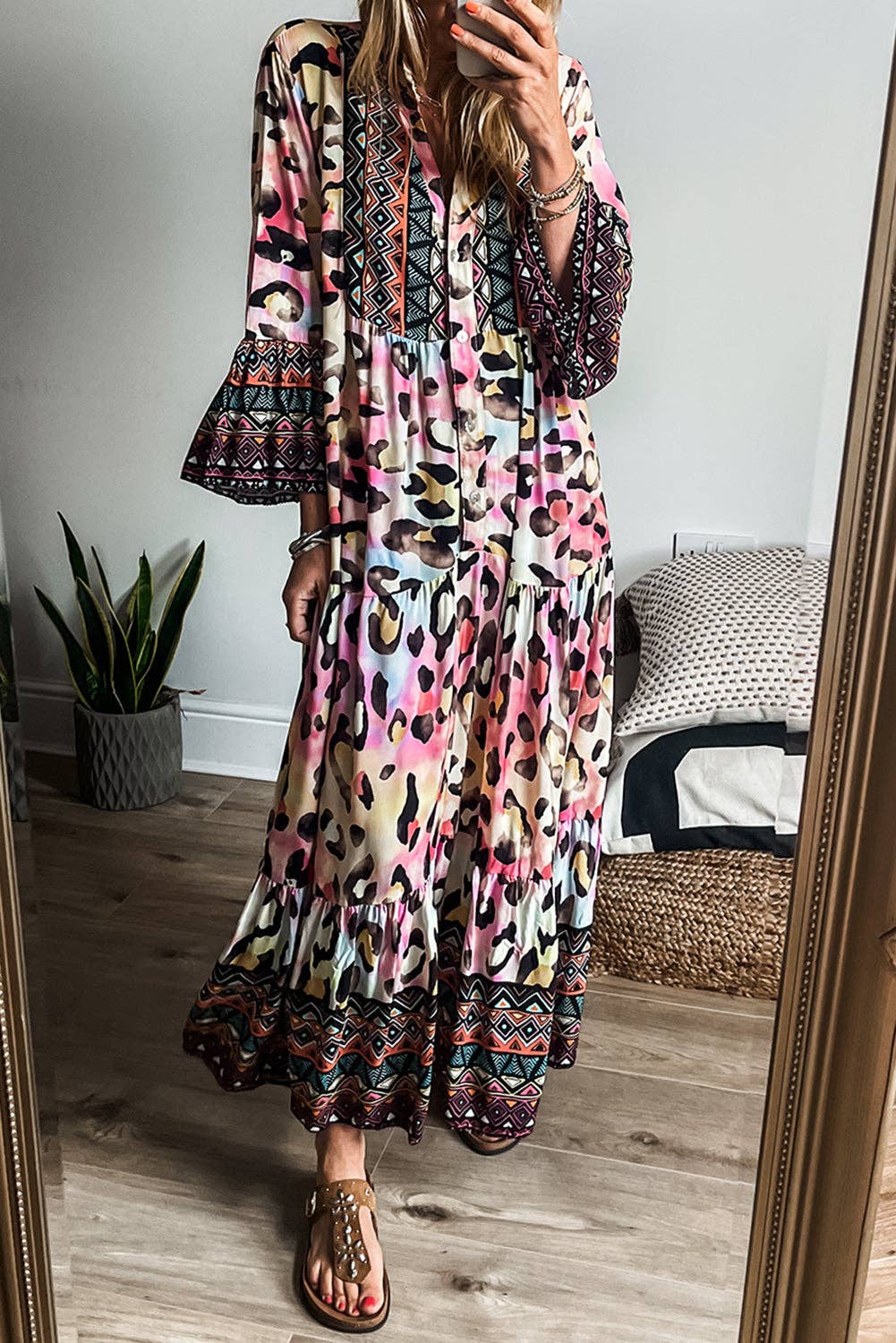 Leopard 3/4 Sleeve Tiered Maxi Dress: Pink / L