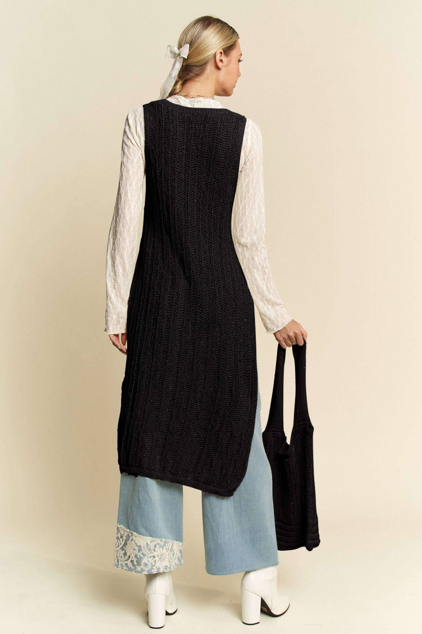 KNIT SIDE SLIT ROUND NECK SLEEVE LESS DRESS & BAG: Beige / L