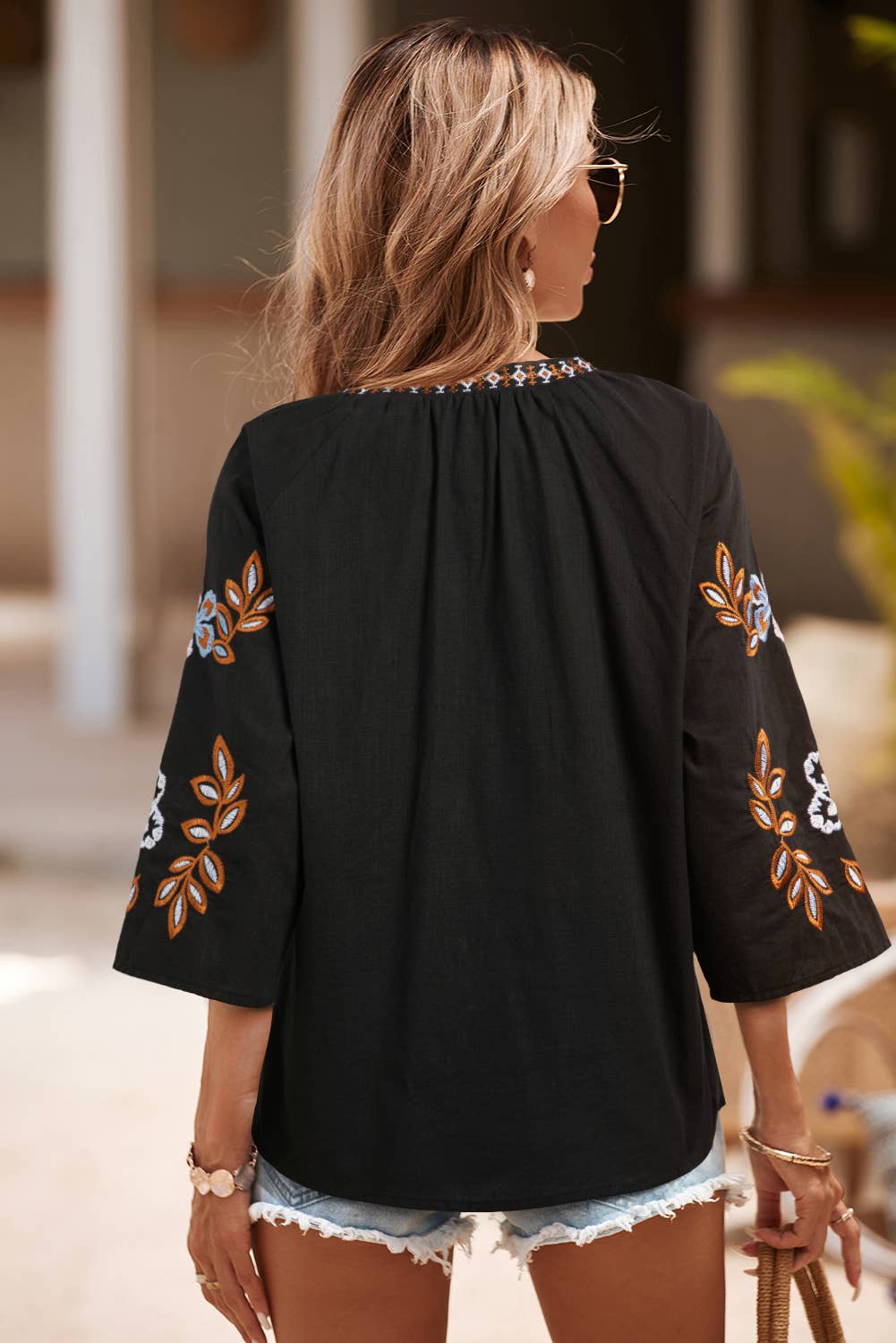 LDC Floral Embroidered Bohemian V Neck Blouse: Black / L