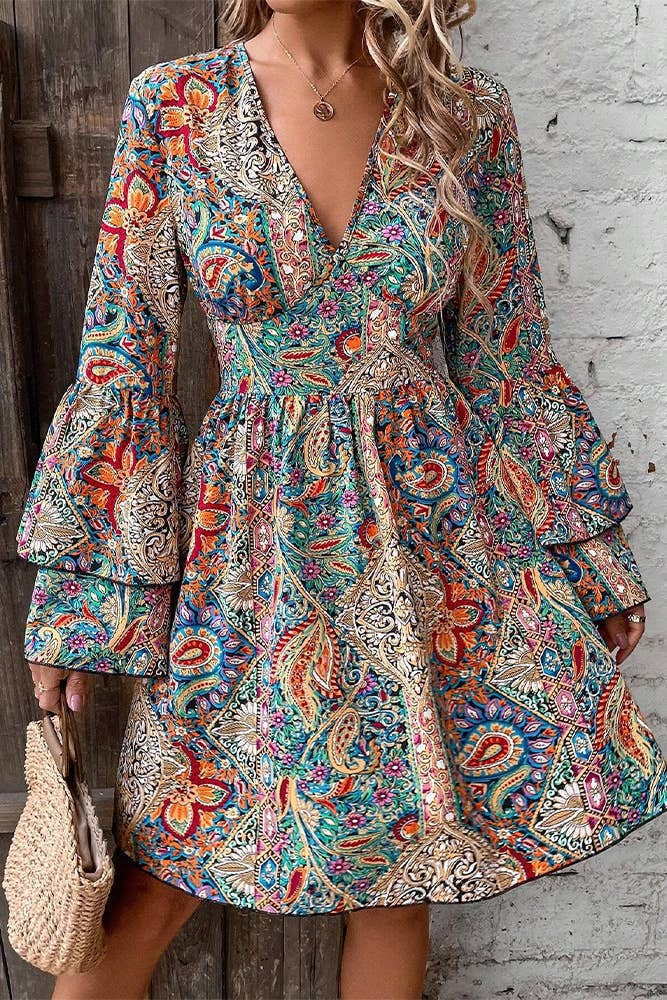 Summer Flare Sleeves V Neck Boho Printed Dress ZK1868: Multi / S