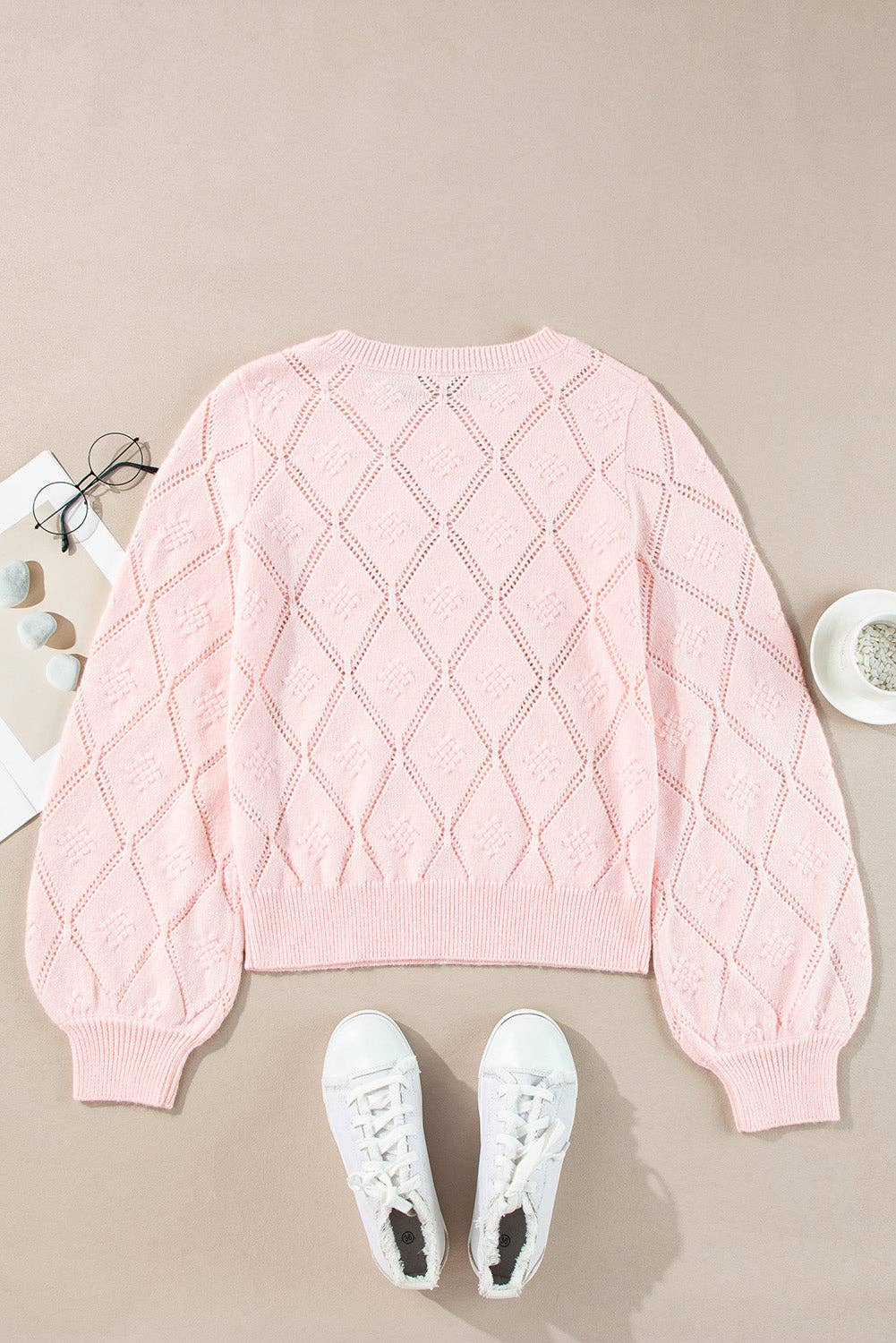 Pointelle Knit Puff Sleeve Sweater: Gossamer Pink / L